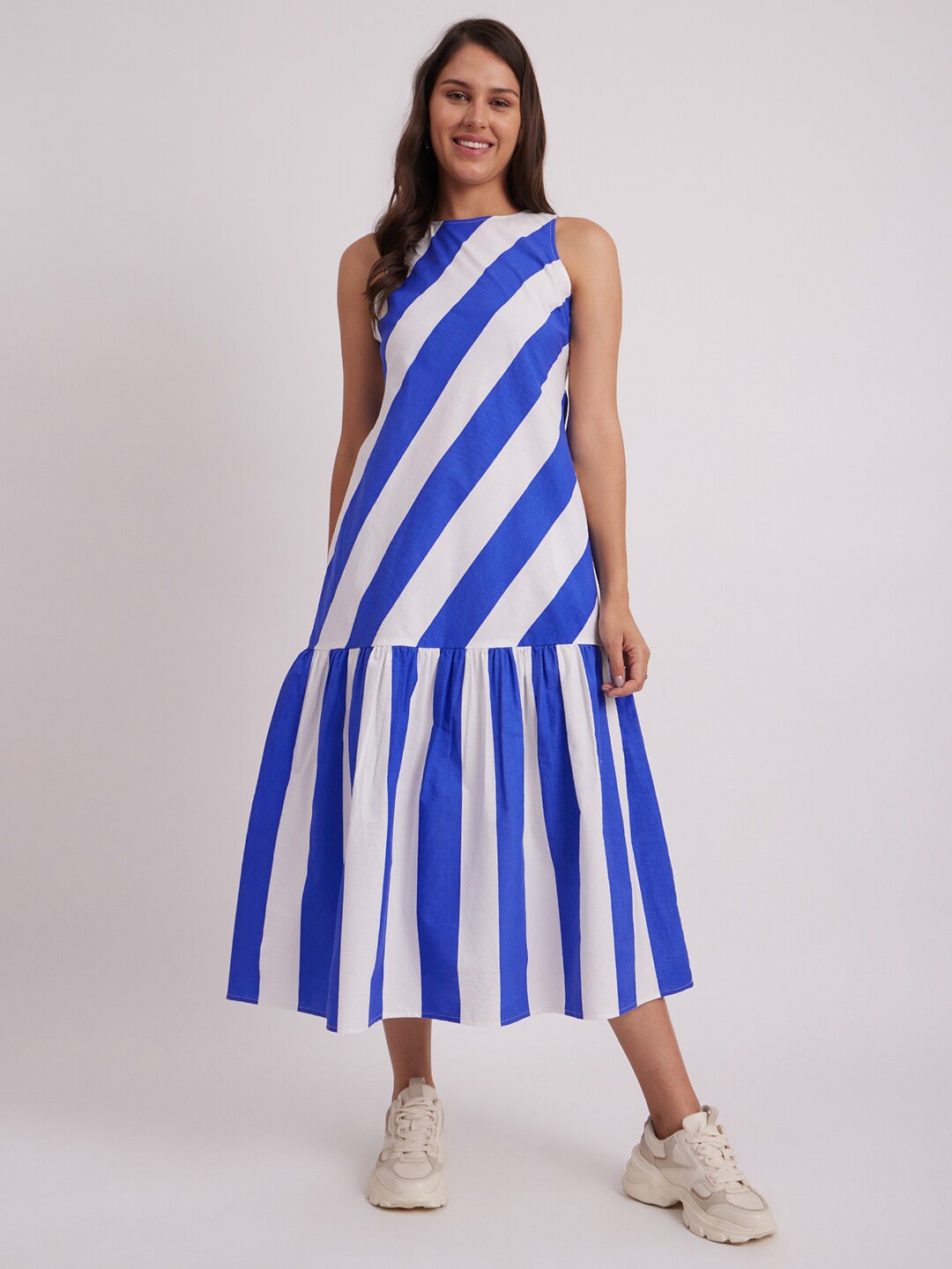 

Pink Fort Striped Sleeveless Cotton Drop-Waist Midi Dress, White