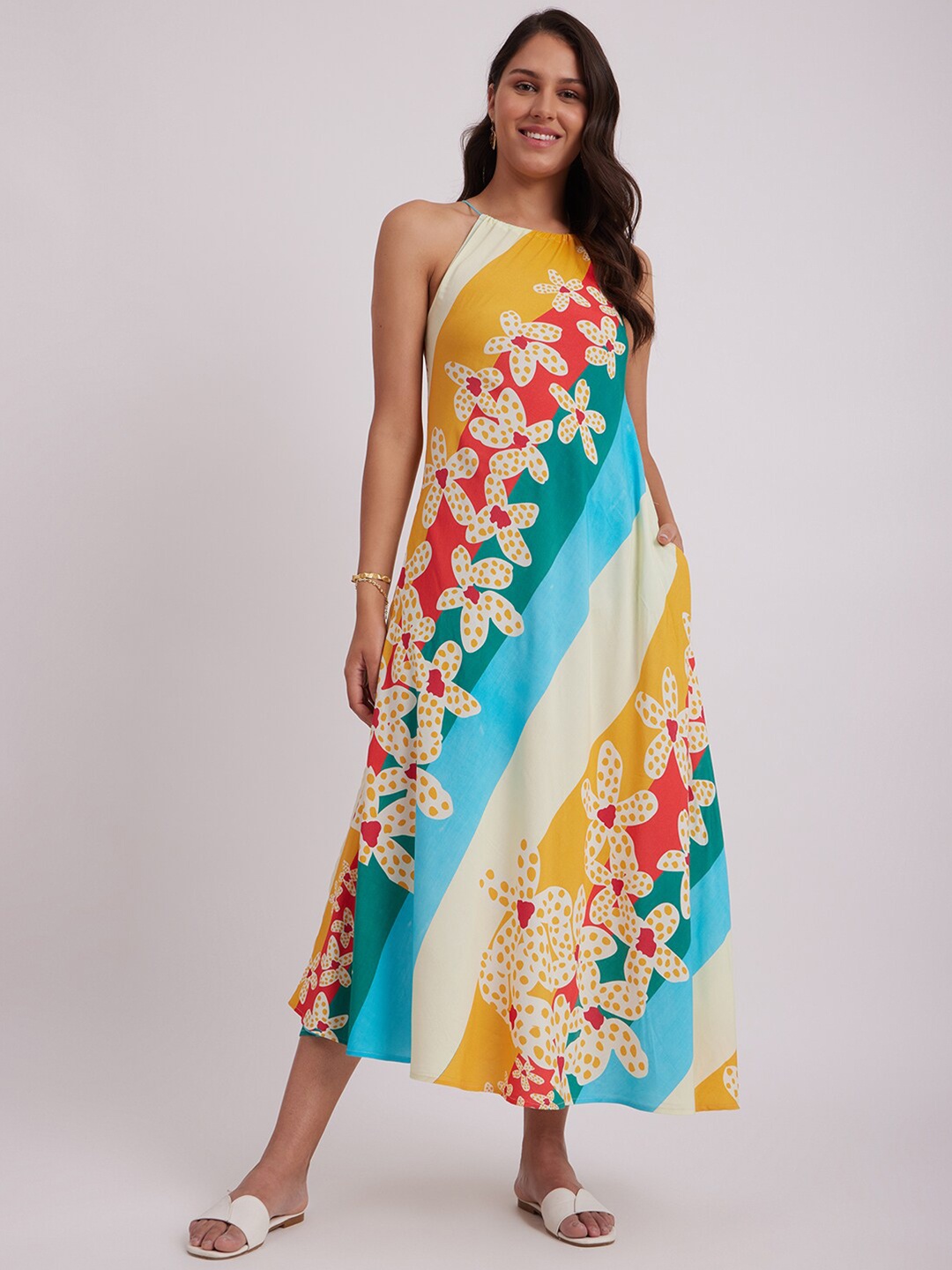 

Pink Fort Floral Printed Shoulder Strap A-Line Midi Dress, White