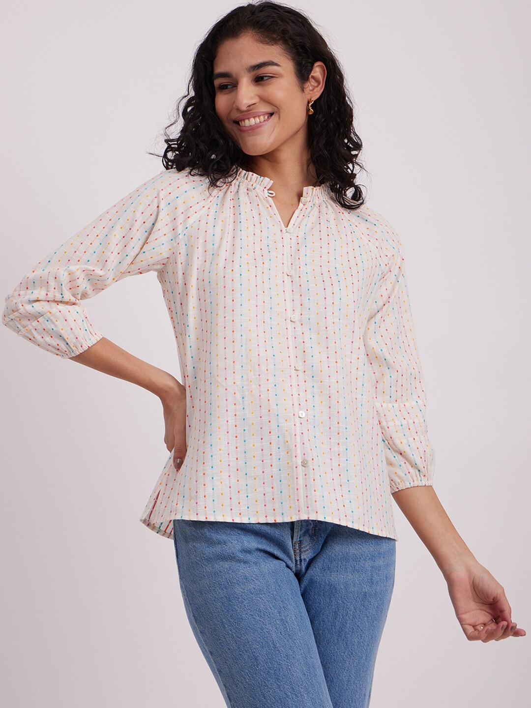 

Pink Fort Self Designed Mandarin Collar Raglan Sleeves Pure Cotton Shirt Style Top, Off white