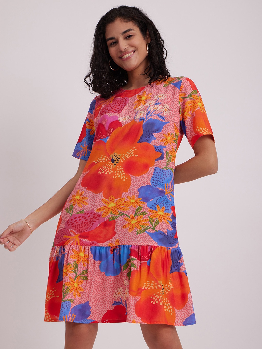 

Pink Fort Floral Printed Drop-Waist Dress, Red