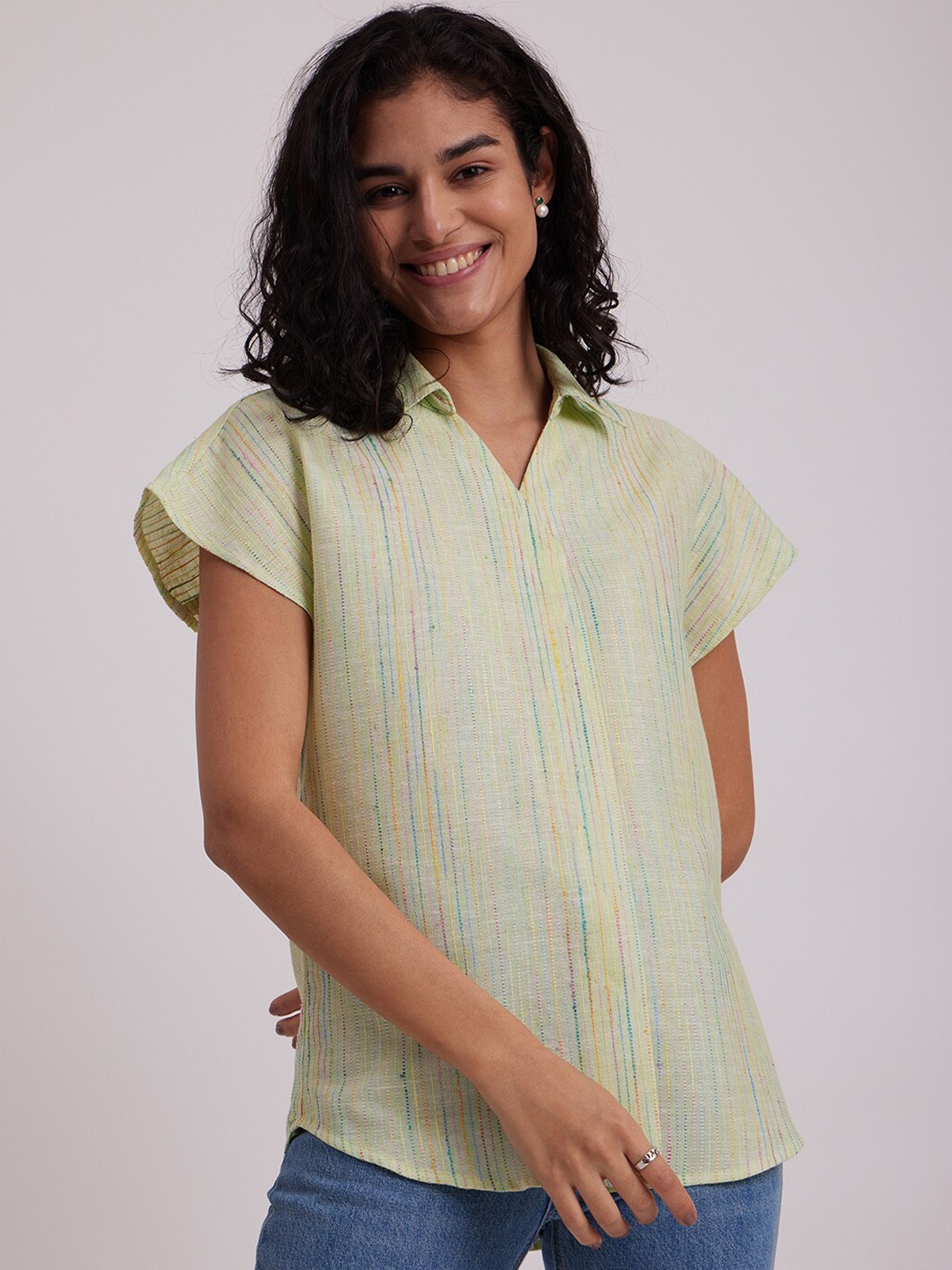 

Pink Fort Striped Extended Sleeves Pure Cotton Shirt Style Top, Green