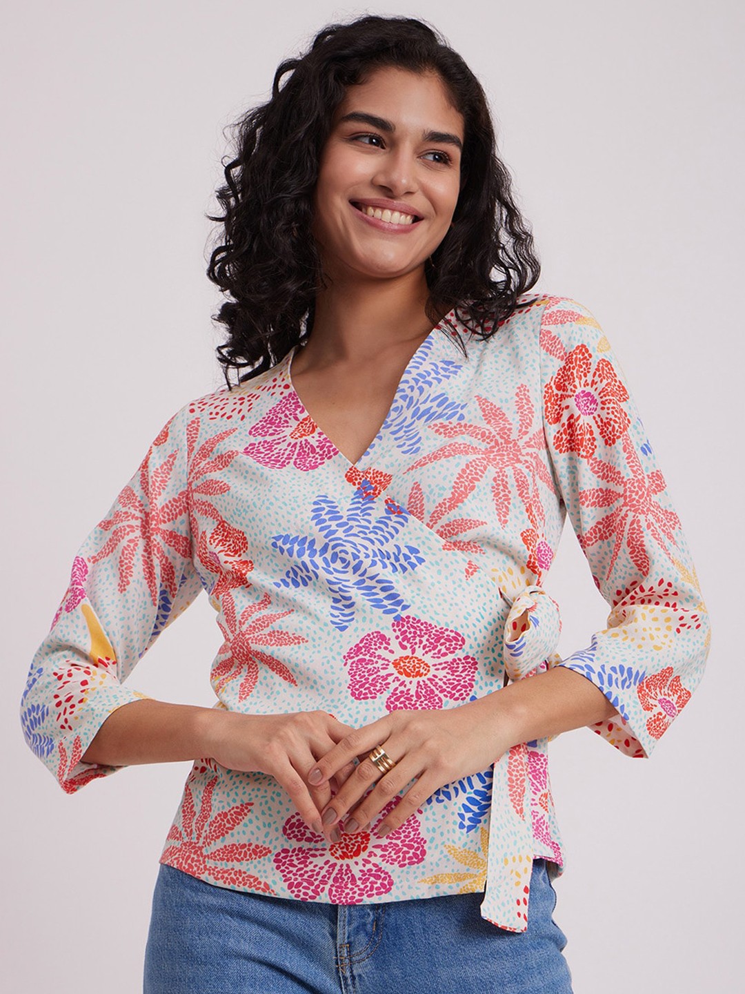 

Pink Fort V-Neck Floral Printed Wrap Top, Off white