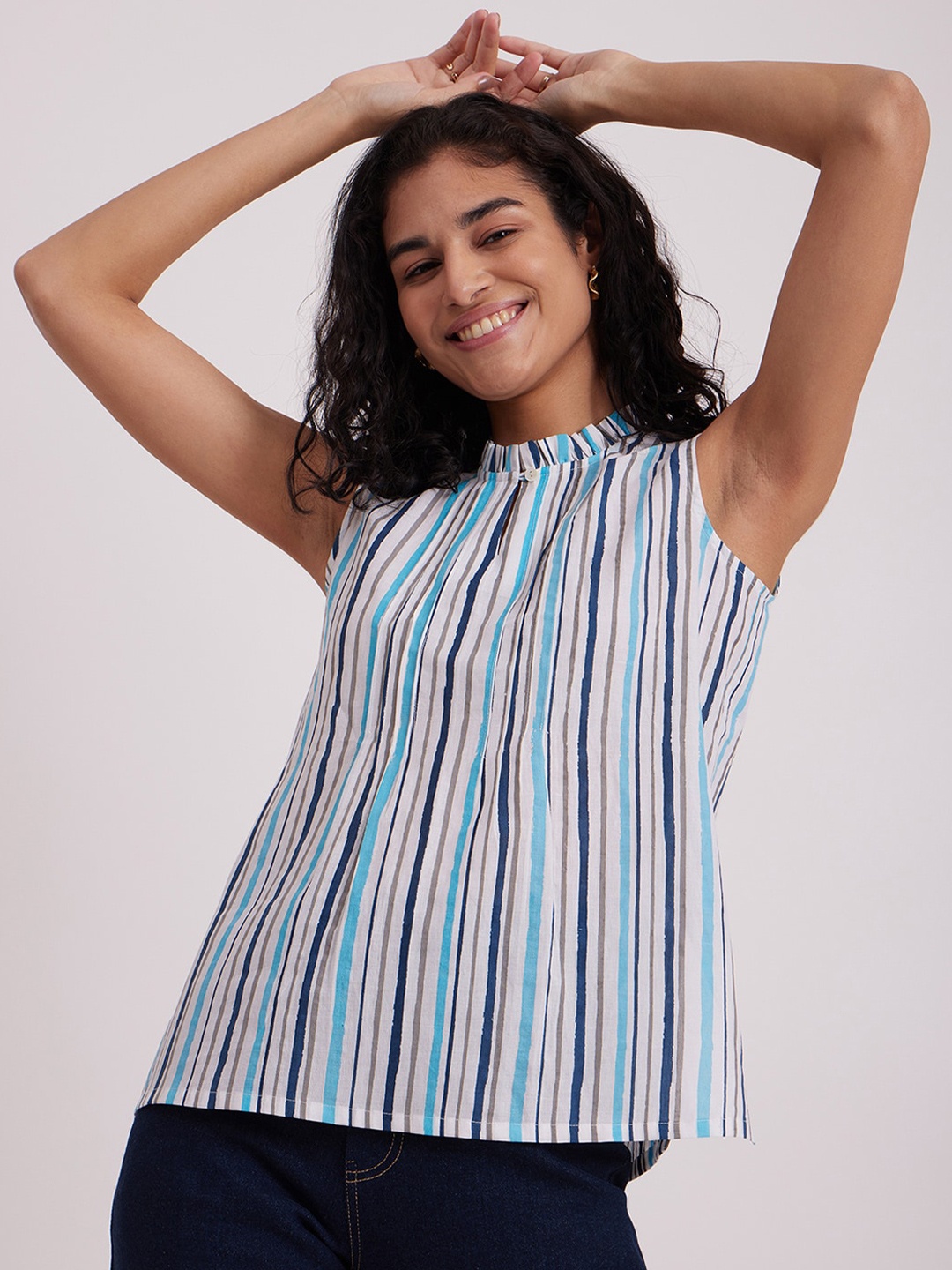 

Pink Fort Striped Sleeveless High Neck Pure Cotton Top, Blue