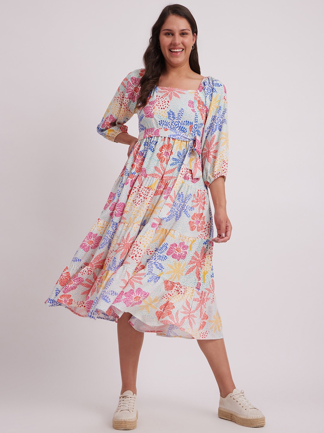 Pink Fort Floral Printed Tiered A-Line Midi Dress With Belt, Cream