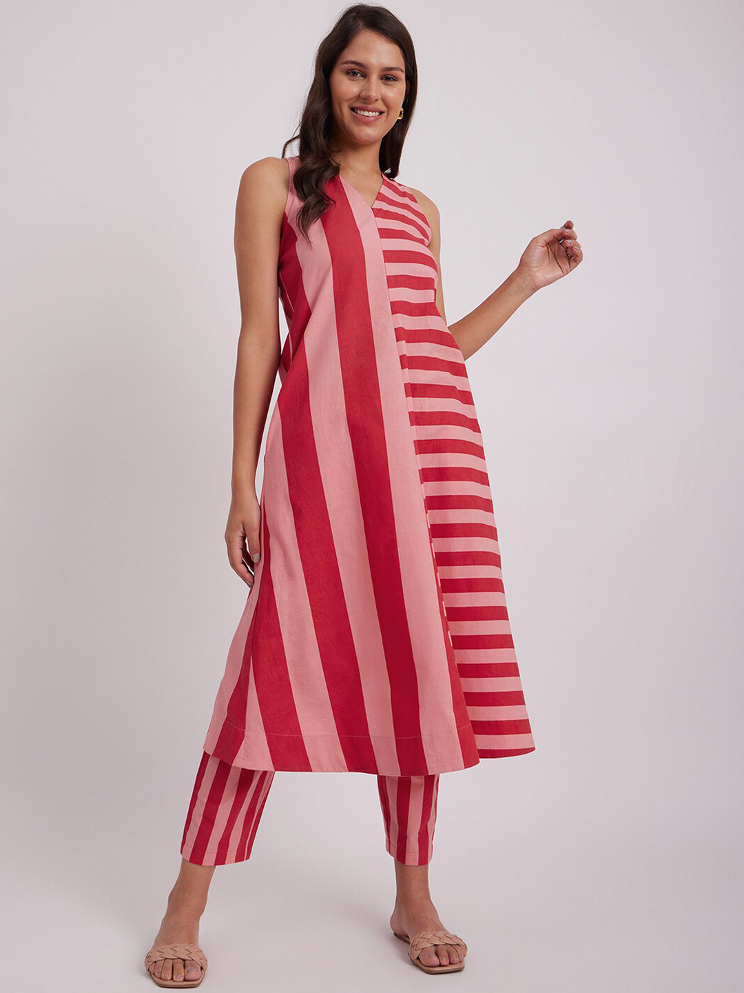 

Pink Fort Striped Sleeveless Pure Cotton Kurta With Trousers, Red