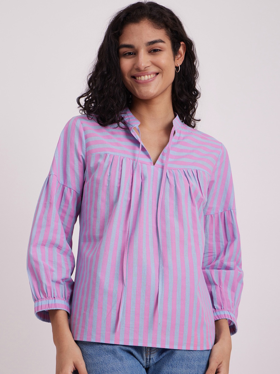 

Pink Fort Striped Tie-up Neck Cuff Sleeves Pure Cotton Top, Blue