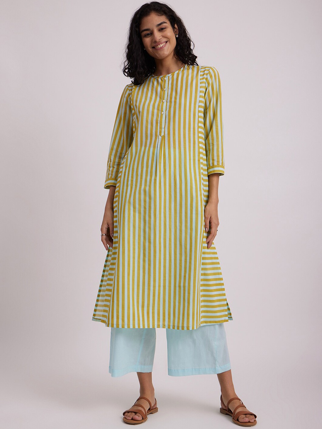 

Pink Fort Striped Regular Pure Cotton Kurta With Palazzos, Yellow