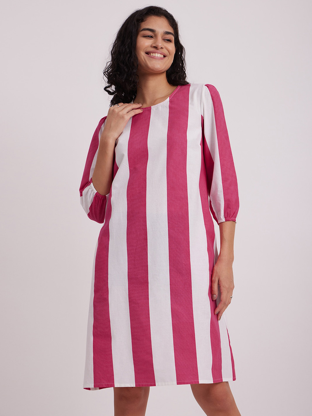 

Pink Fort Striped Puff Sleeve Cotton A-Line Dress, White
