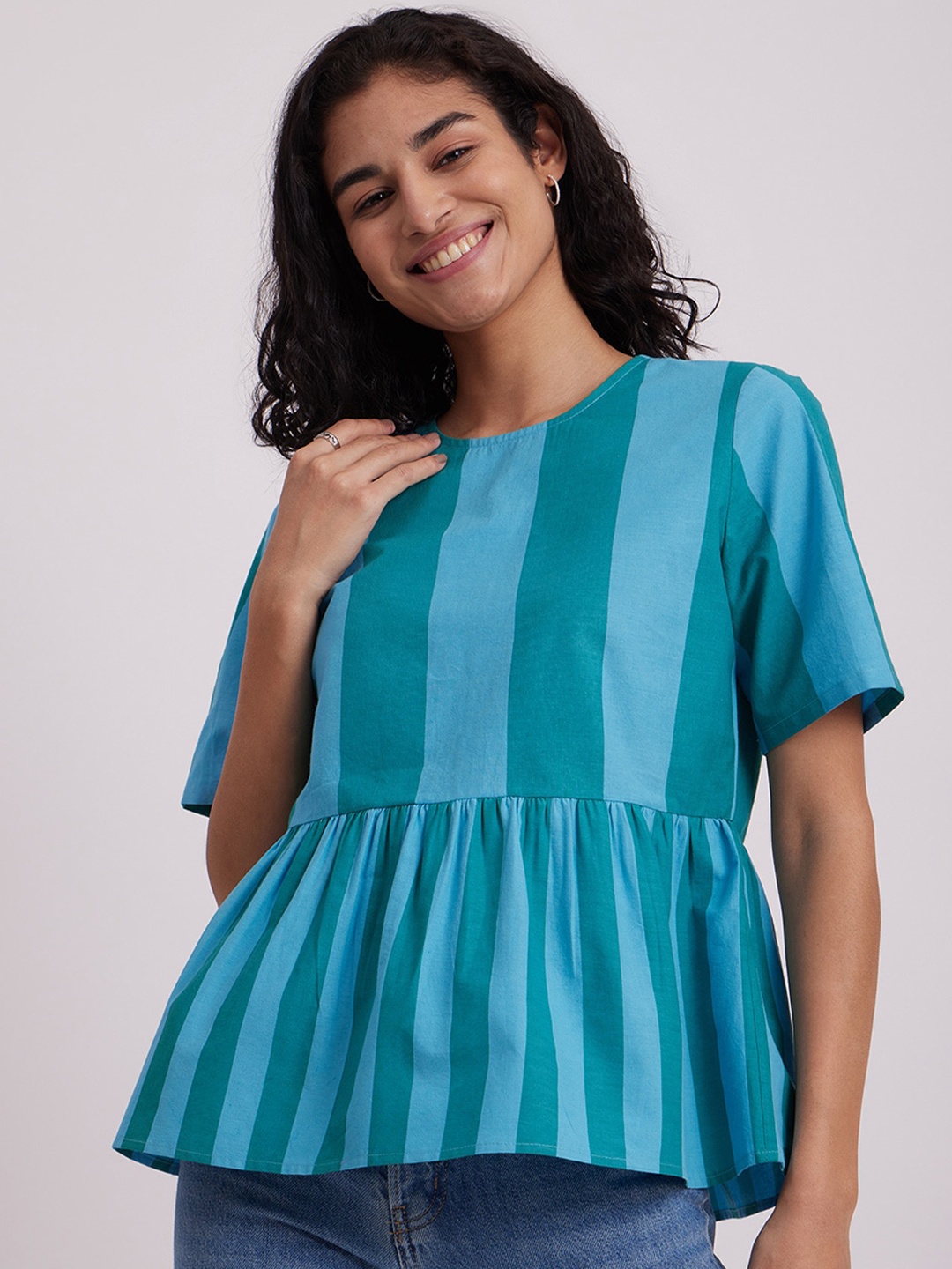 

Pink Fort Striped Pure Cotton Peplum Top, Blue