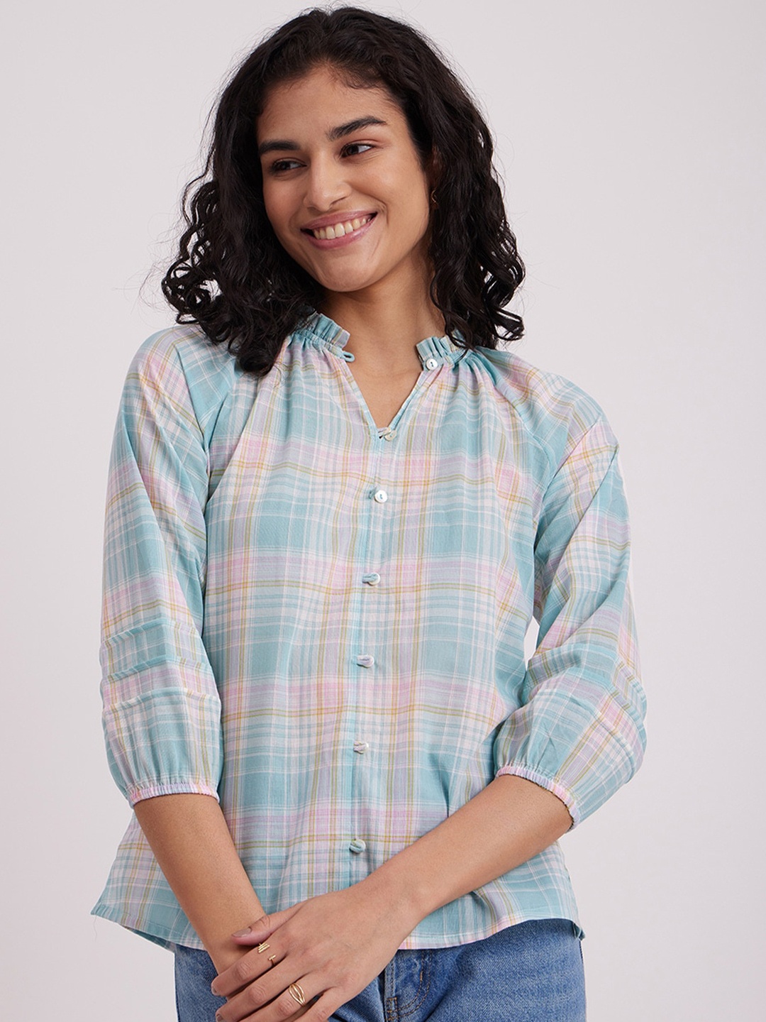 

Pink Fort Checked Mandarin Collar Pure Cotton Shirt Style Top, Blue