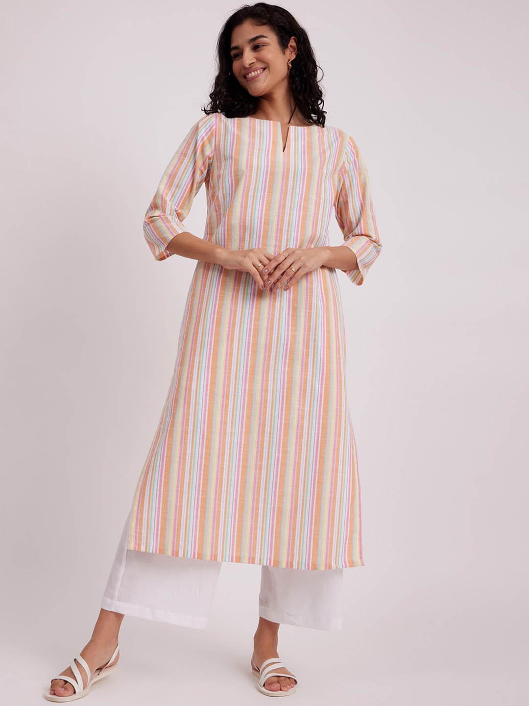 

Pink Fort Striped A-Line Cotton Kurta, Orange