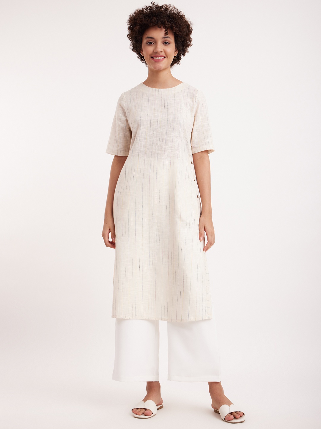 

Pink Fort Striped Boat Neck Button Detail Cotton Kurta, Cream