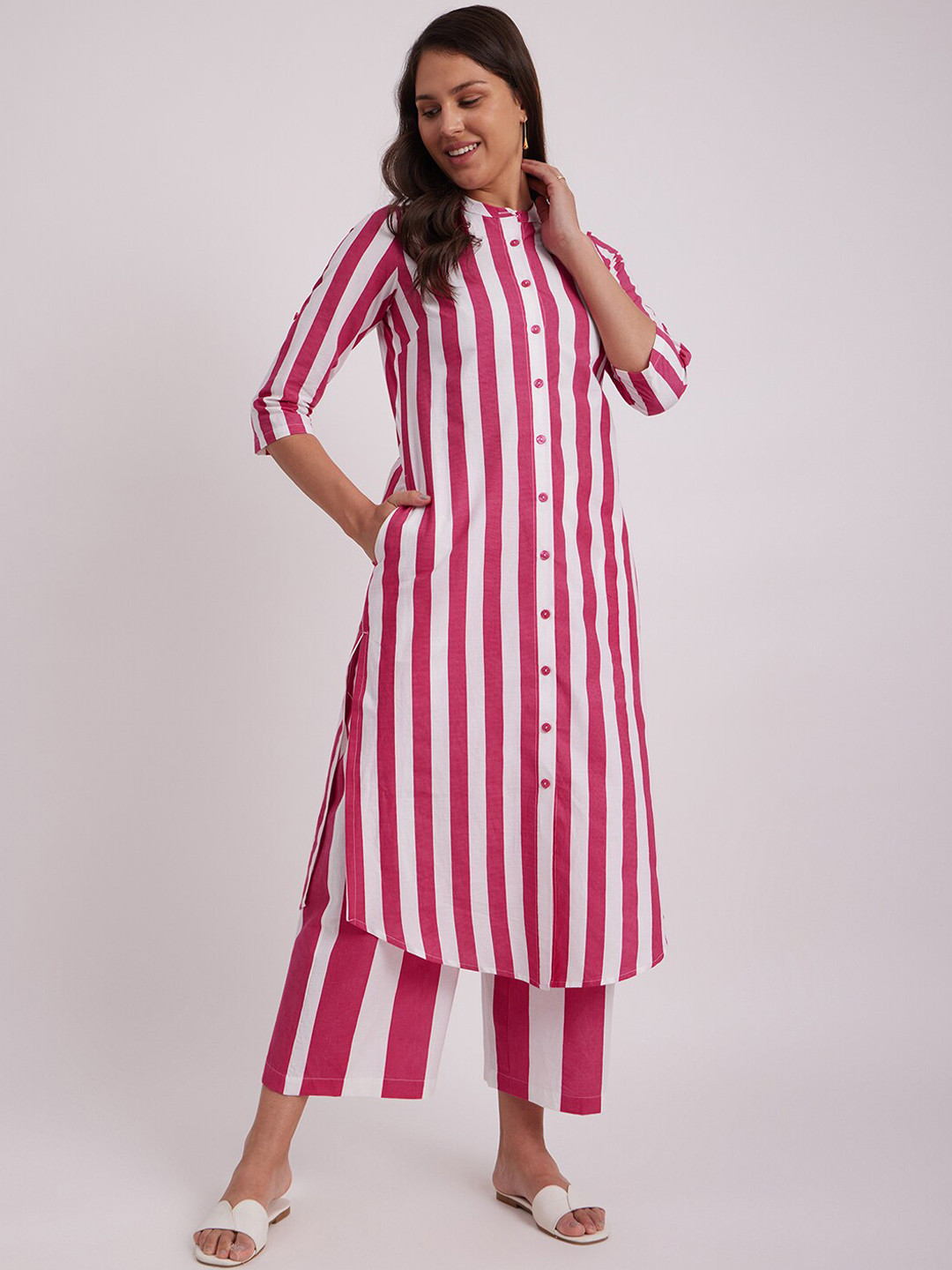 

Pink Fort Striped Regular Pure Cotton Kurta With Palazzos