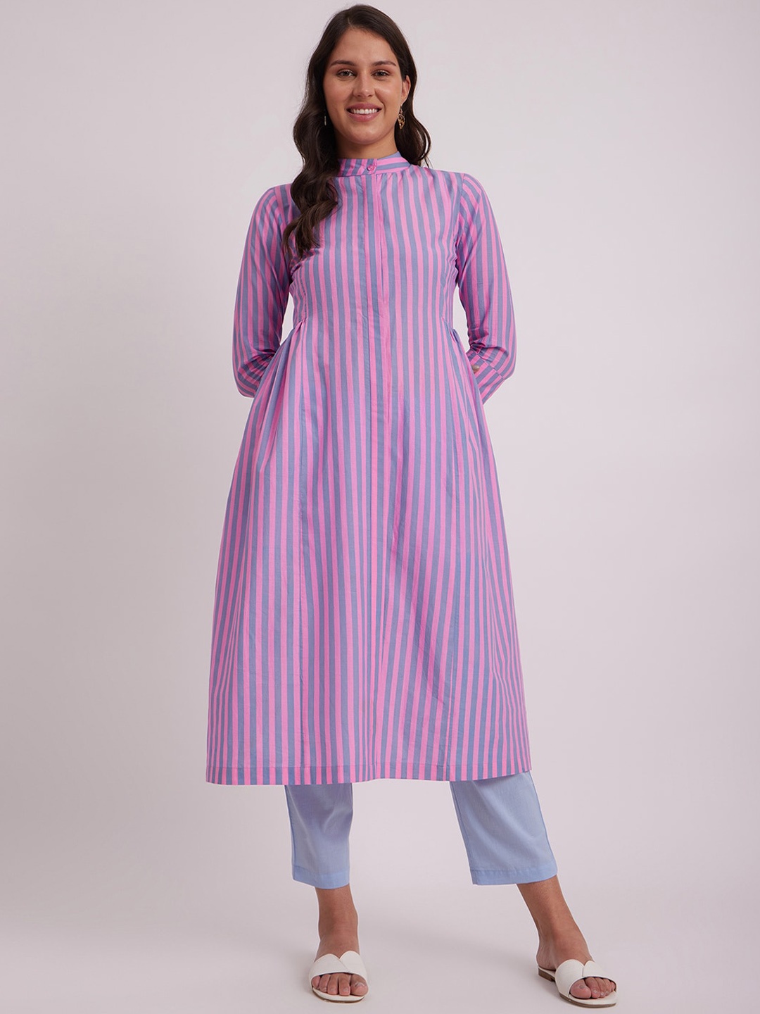 

Pink Fort Striped Pleated A-Line Band Collar A-Line Cotton Kurta