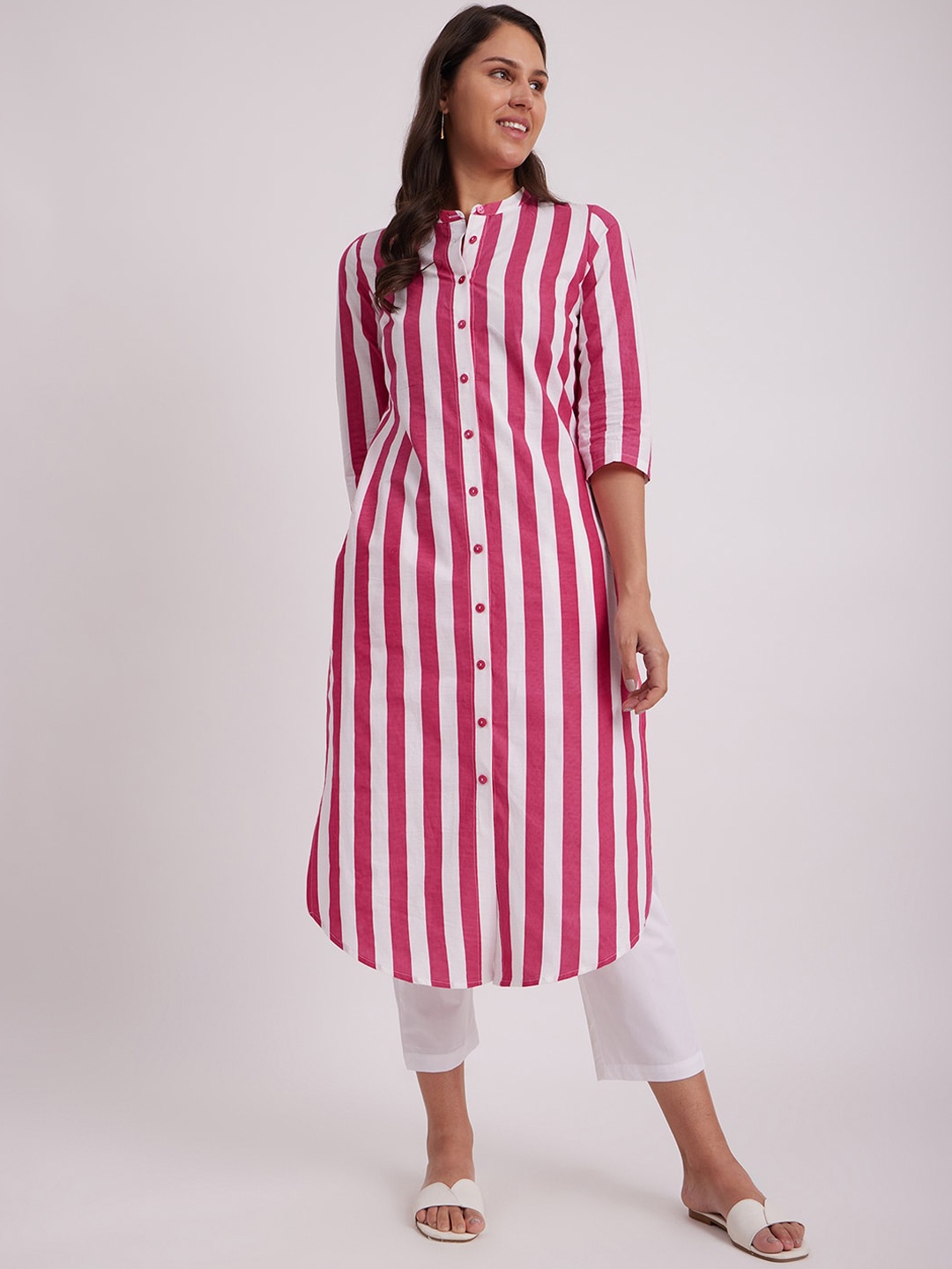 

Pink Fort Striped Band Collar A-Line Cotton Kurta