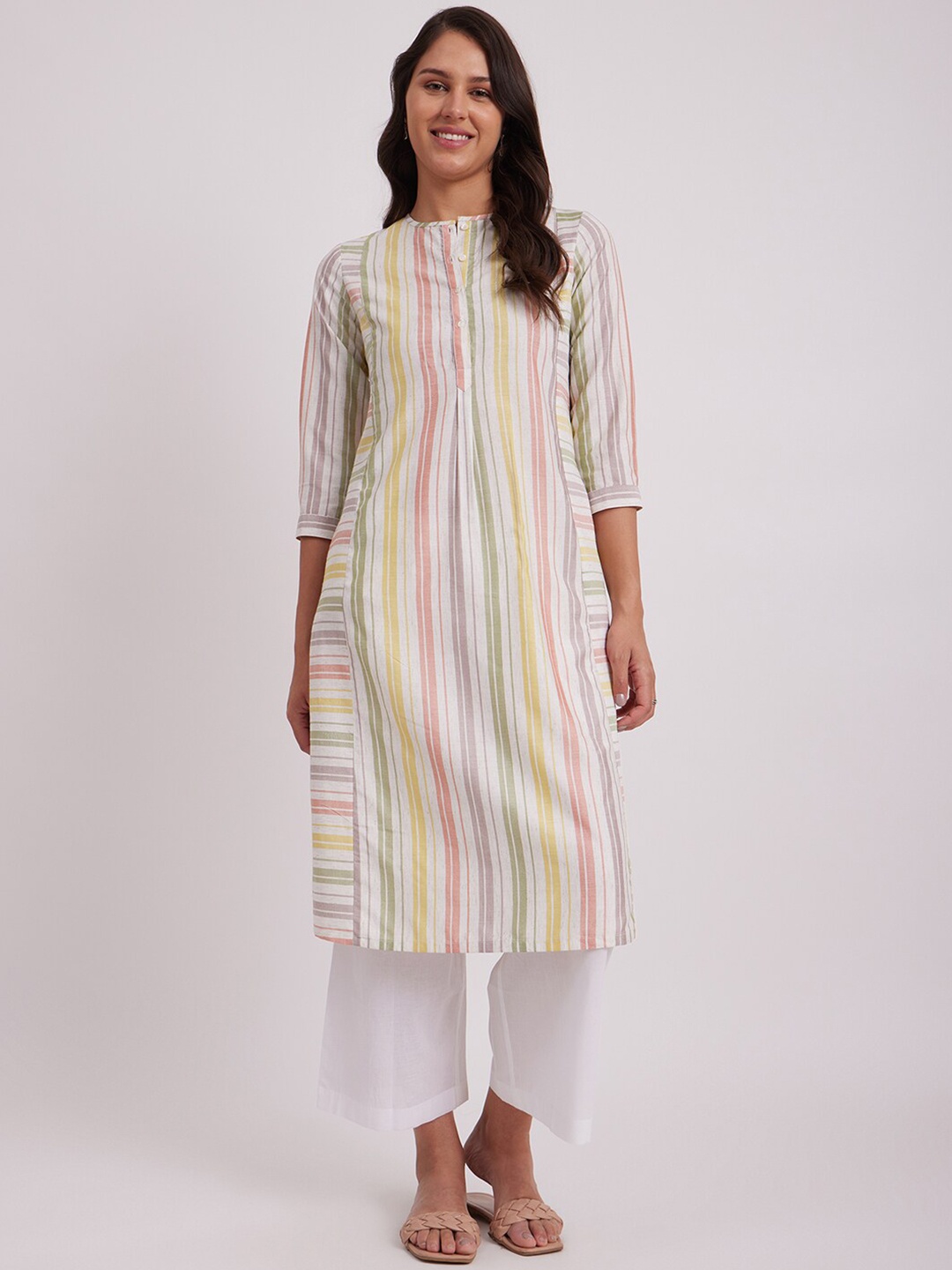 

Pink Fort Striped Panelled A-Line Cotton Kurta, White