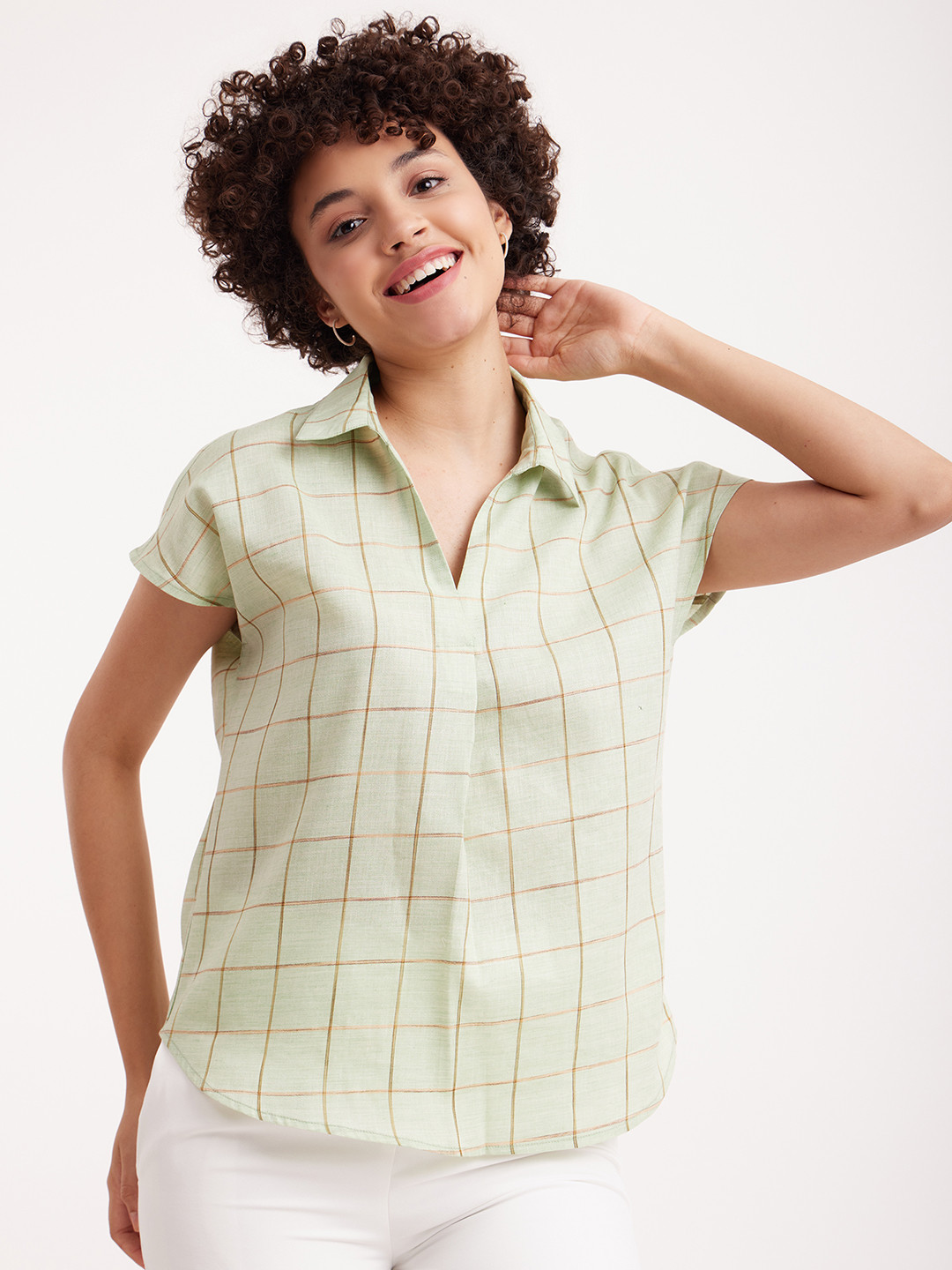 

Pink Fort Checked Extended Sleeves Cotton Shirt Style Top, Green