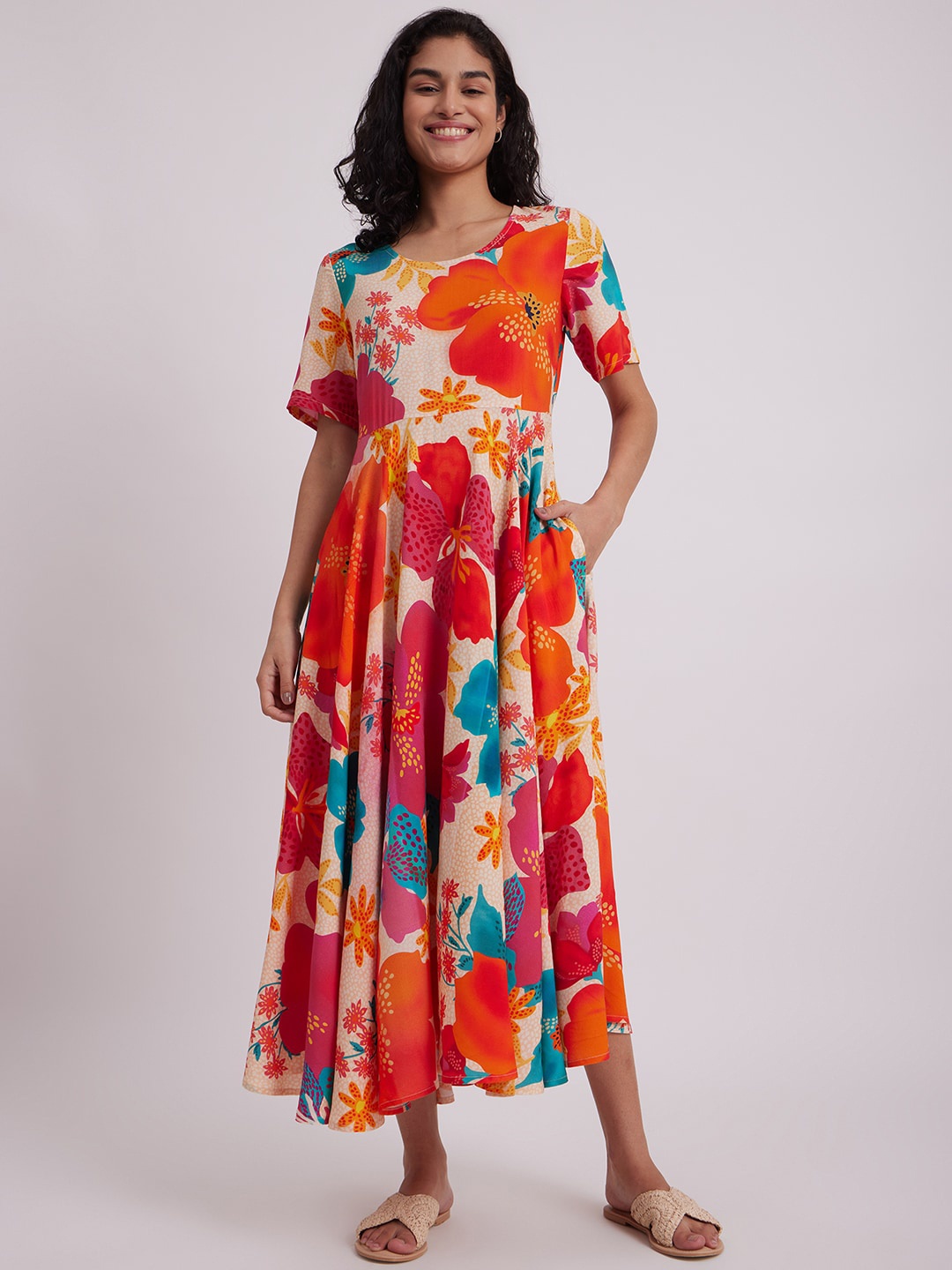 

Pink Fort Floral Printed Fit & Flare Midi Dress, Beige