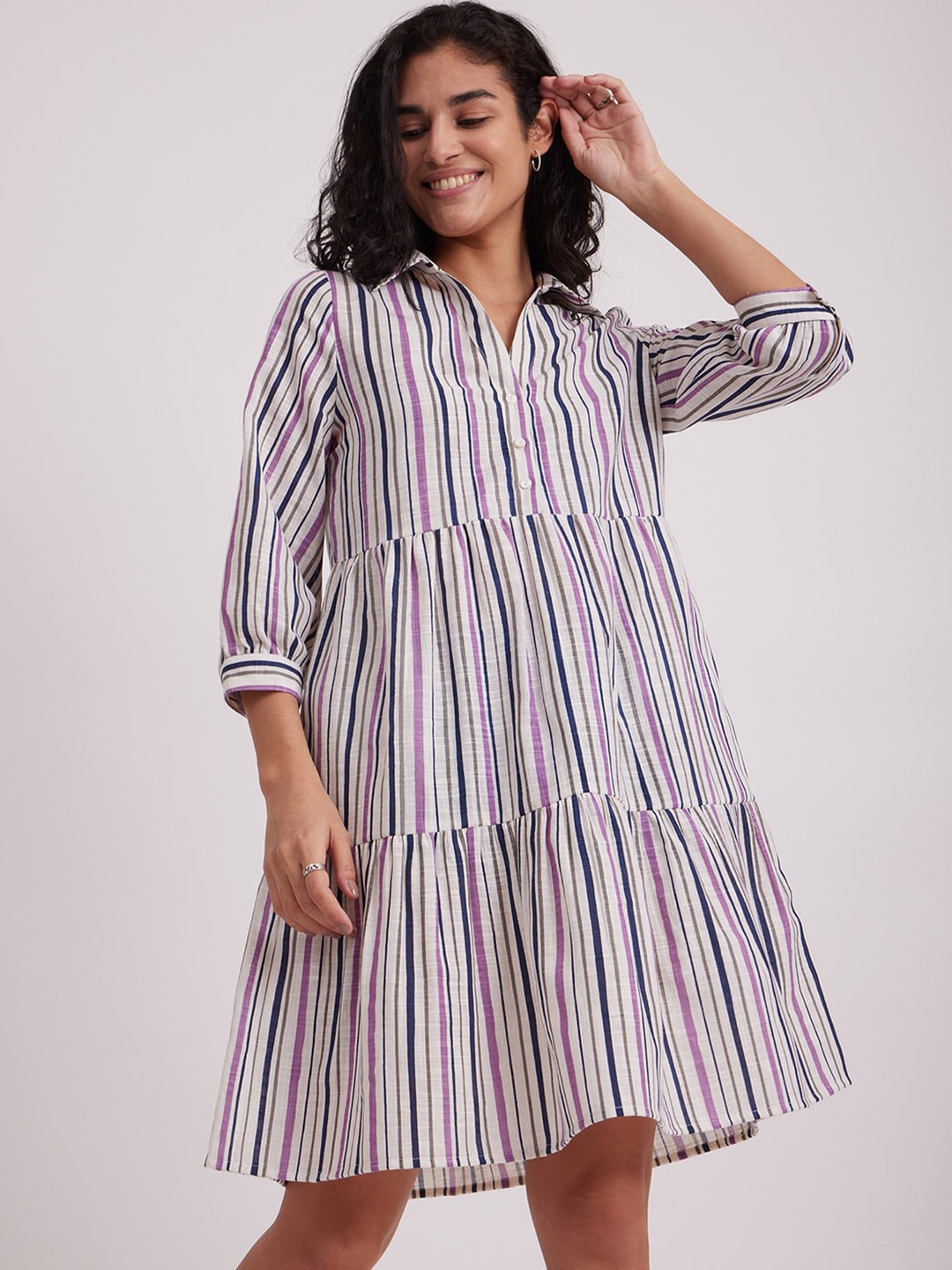 

Pink Fort Striped Puff Sleeve Tiered Cotton A-Line Dress, Purple