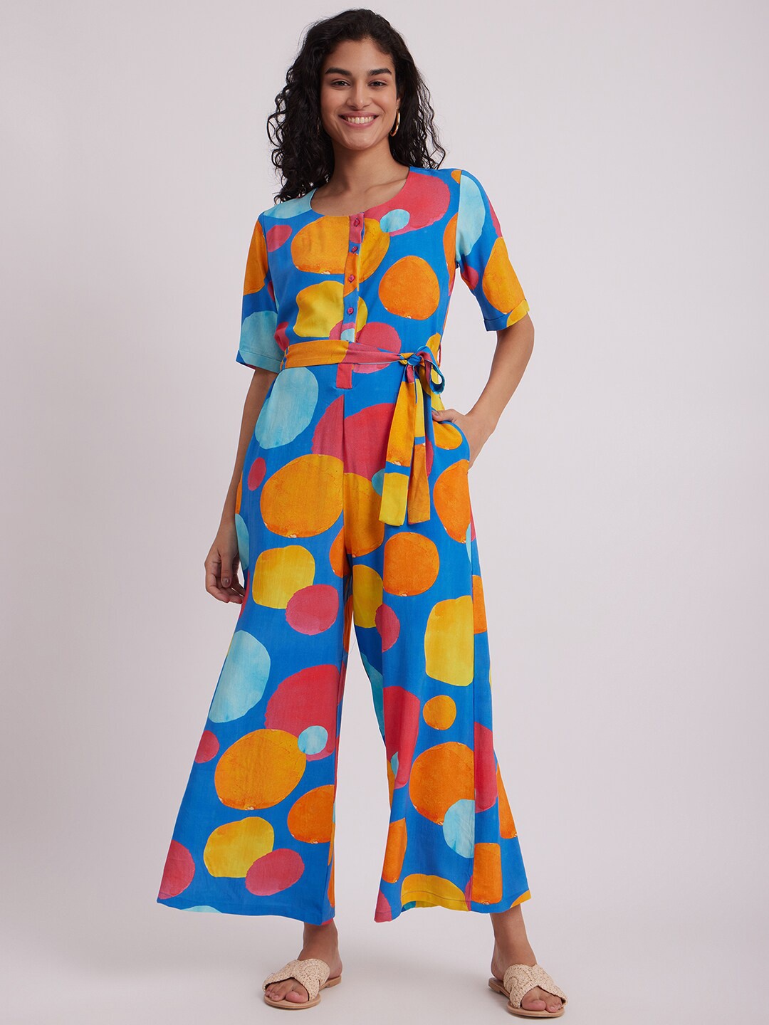 

Pink Fort Polka Dots Printed Basic Jumpsuit, Blue