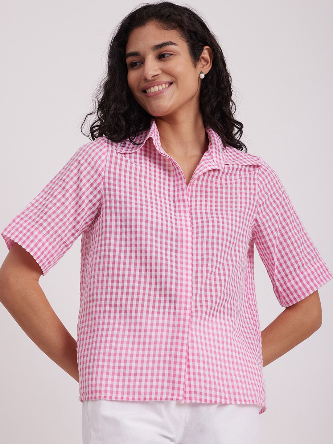 

Pink Fort Checked Shirt Collar Pure Cotton Shirt Style Top