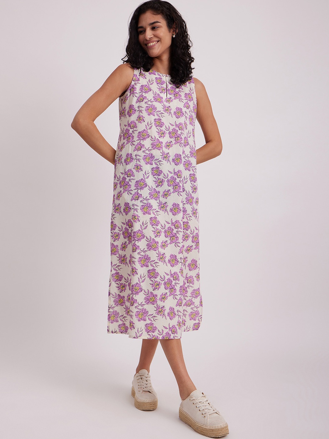 

Pink Fort Floral Printed Cotton A-Line Midi Dress, Lavender