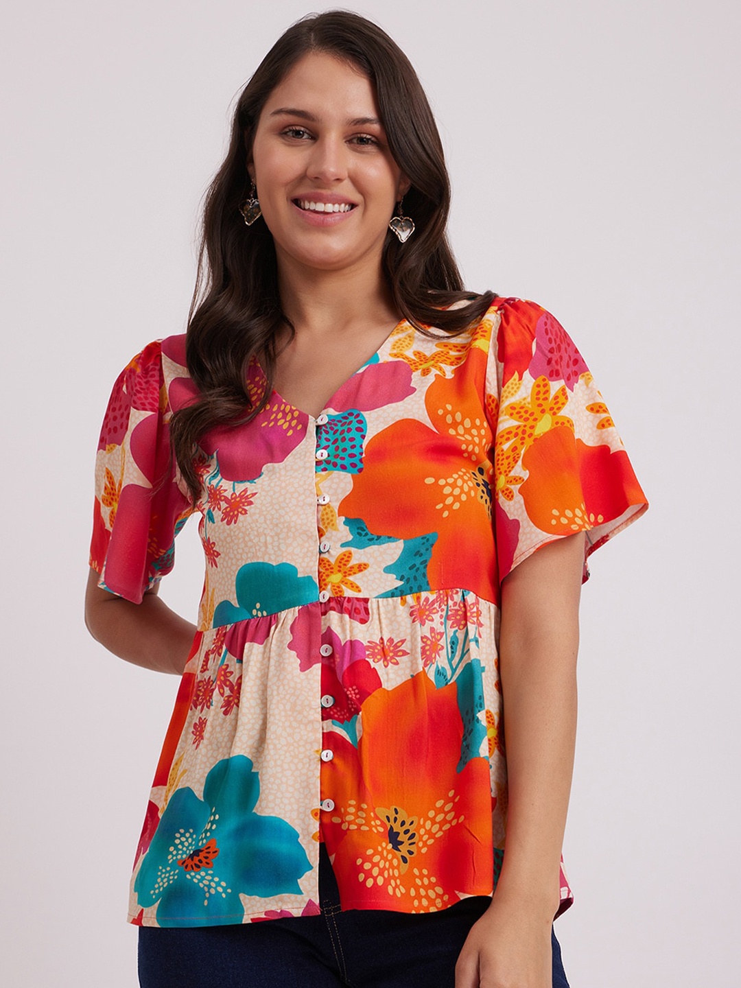 

Pink Fort Floral Printed V-Neck Flared Sleeves Cinched Waist Top, Beige