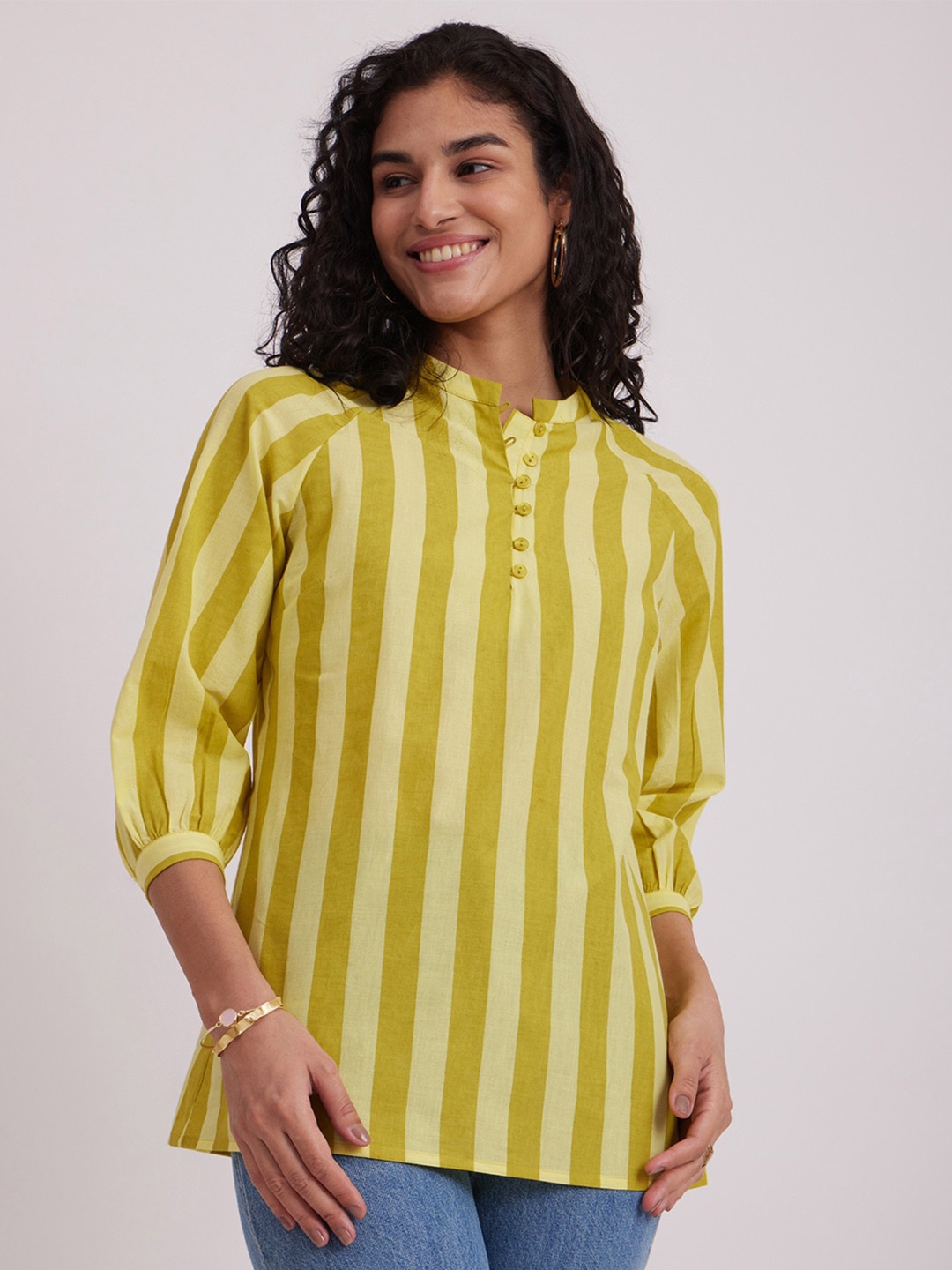

Pink Fort Striped Mandarin Collar Cuff Sleeves Pure Cotton Top, Yellow