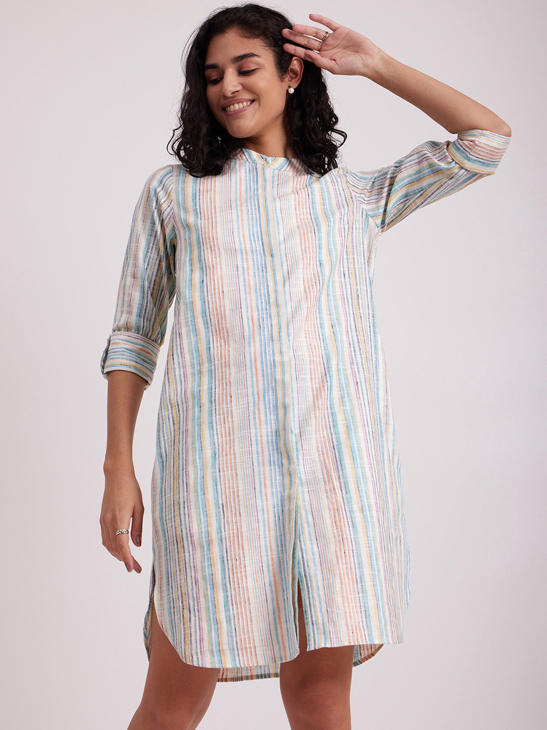 

Pink Fort Striped Mandarin Collar Cotton Shirt Dress, White