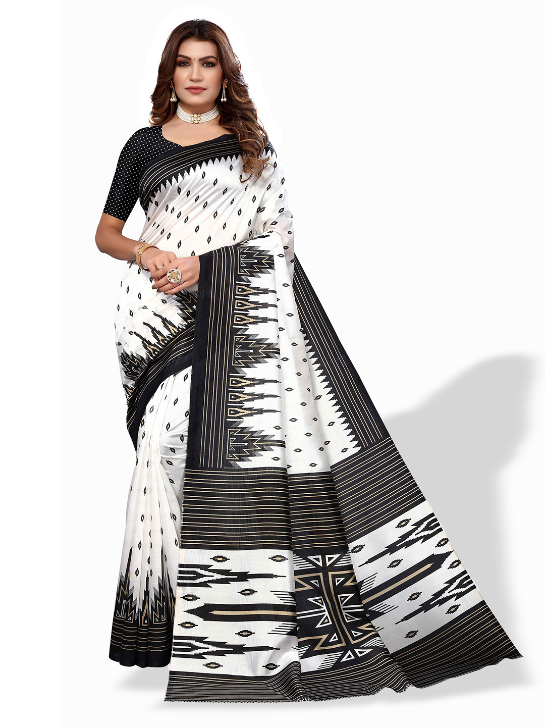 

AADVIKA Geometric Printed Saree, White