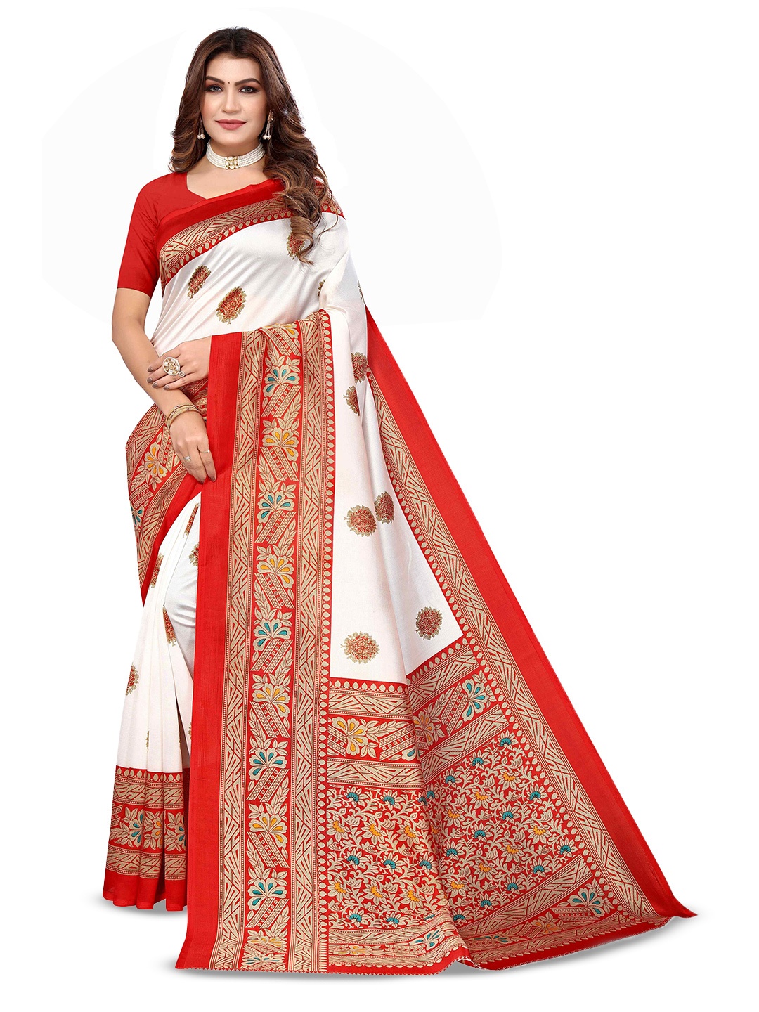 

AADVIKA Floral Printed Bhagalpuri Saree, Red