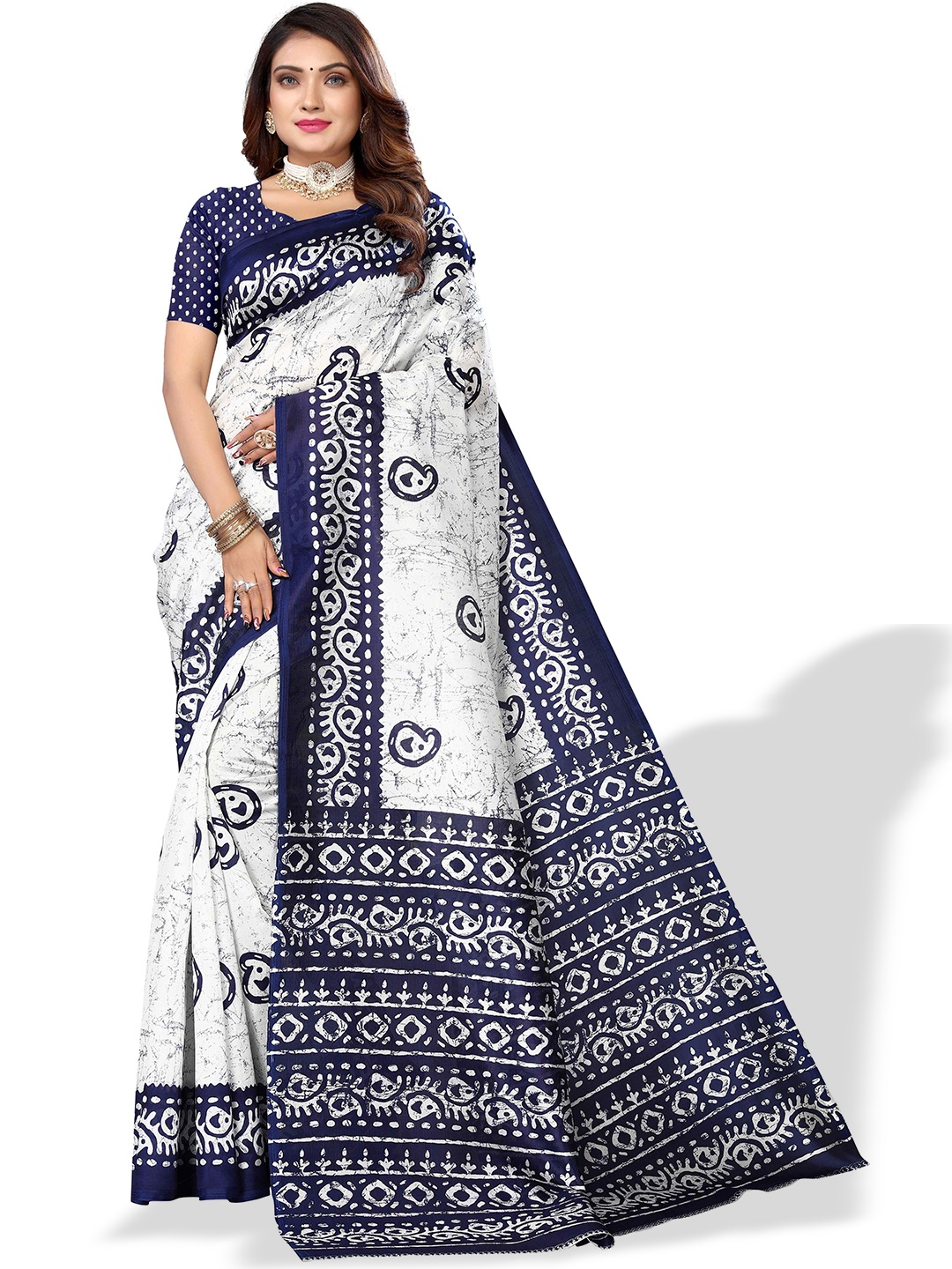 

AADVIKA Paisley Printed Bhagalpuri Saree, White