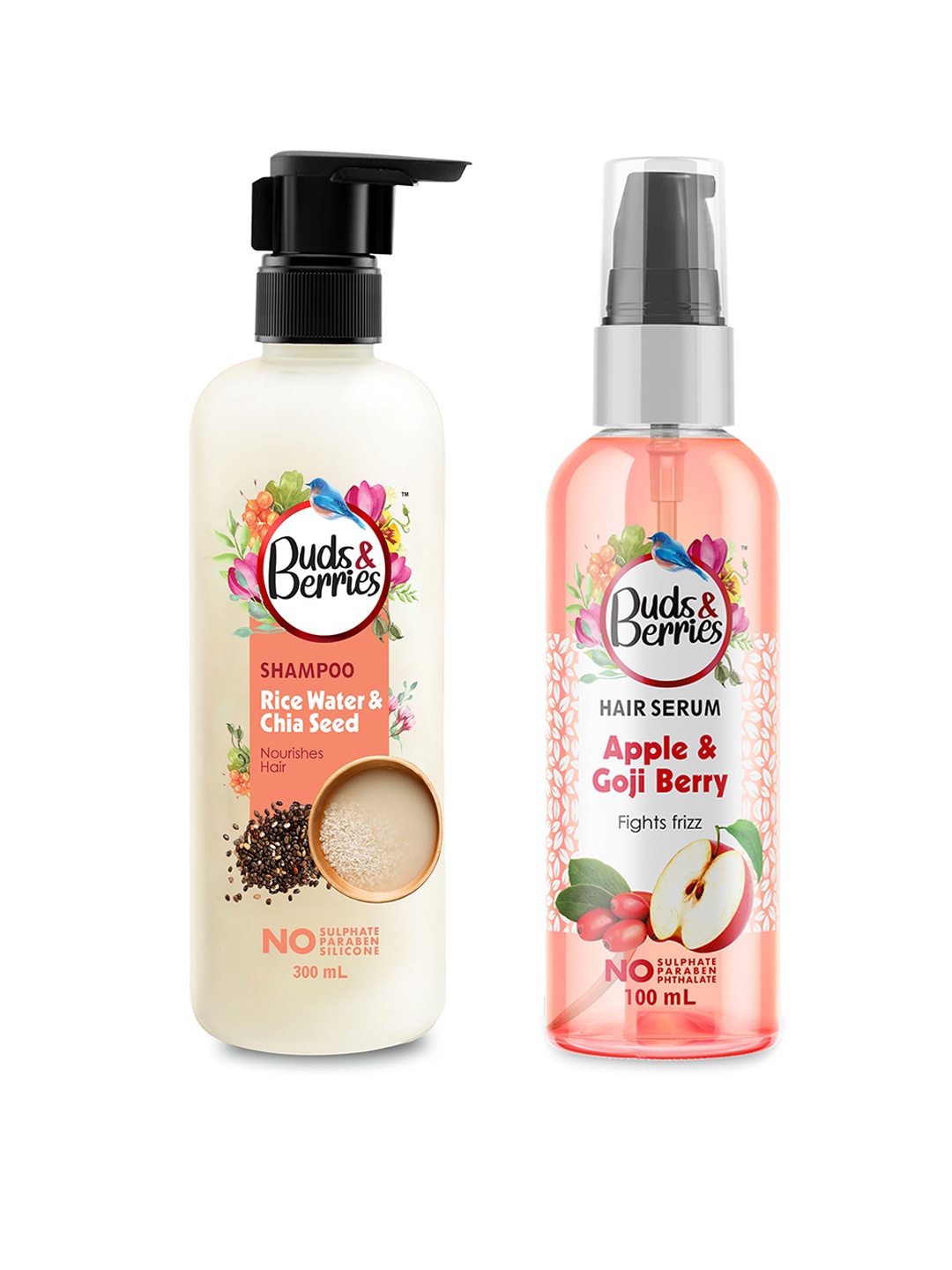 

Buds & Berries Set of Rice Water & Chia Seeds Shampoo + Apple & Goji Berry Hair Serum, Peach