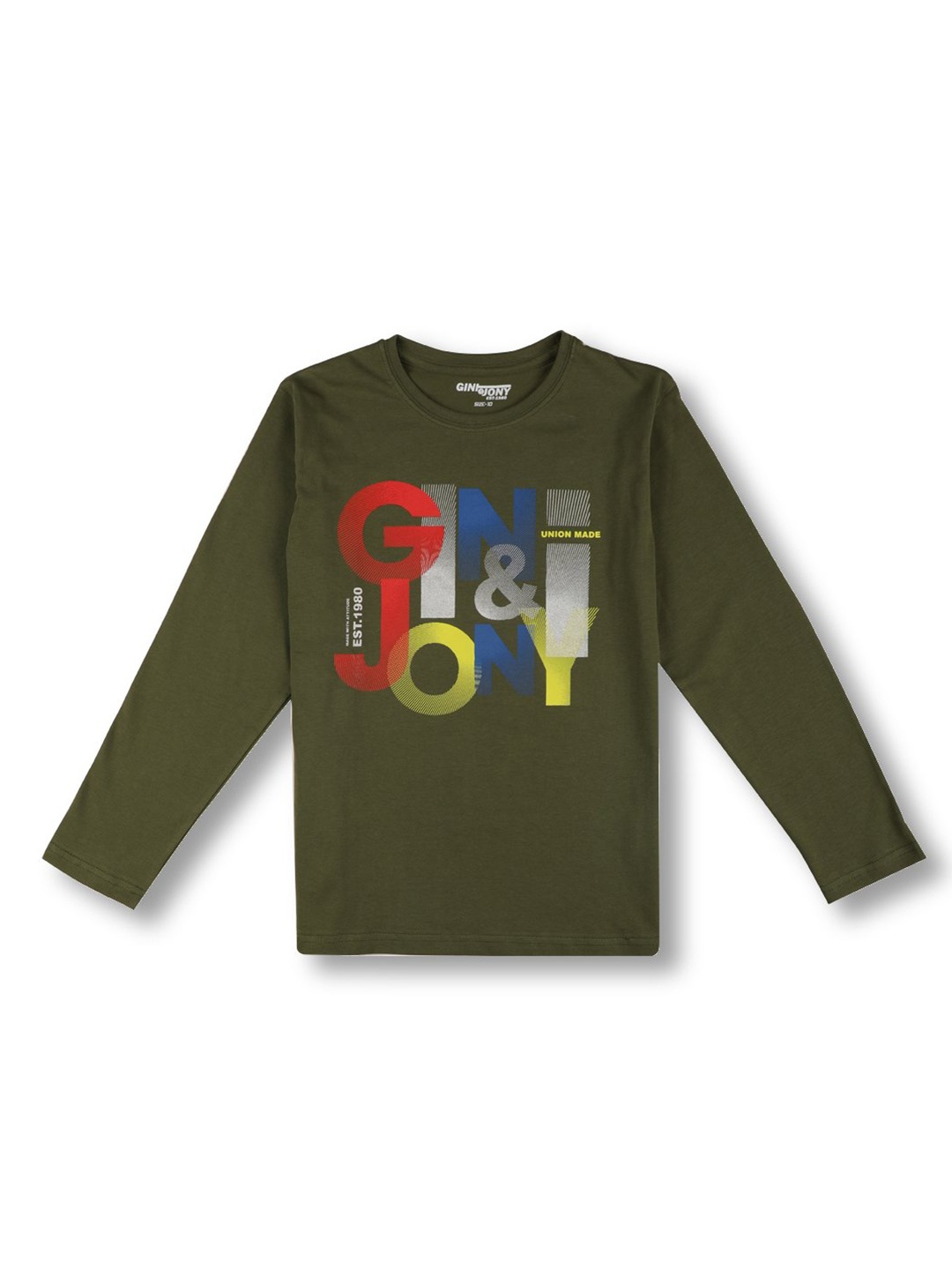 

Gini and Jony Boys Green Typography Printed Cotton T-shirt