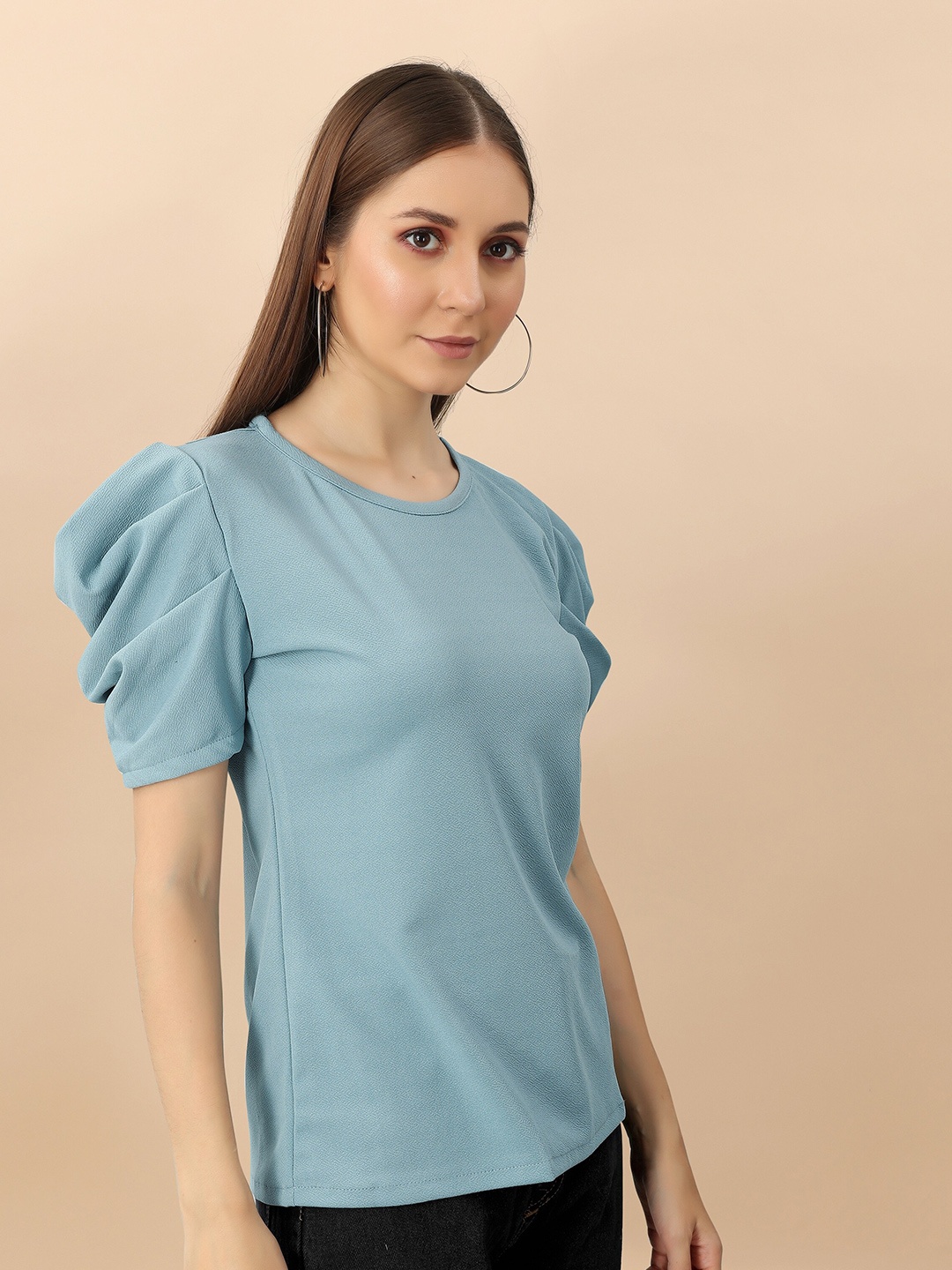 

Fashion FRICKS Puff Sleeve Round Neck Top, Grey