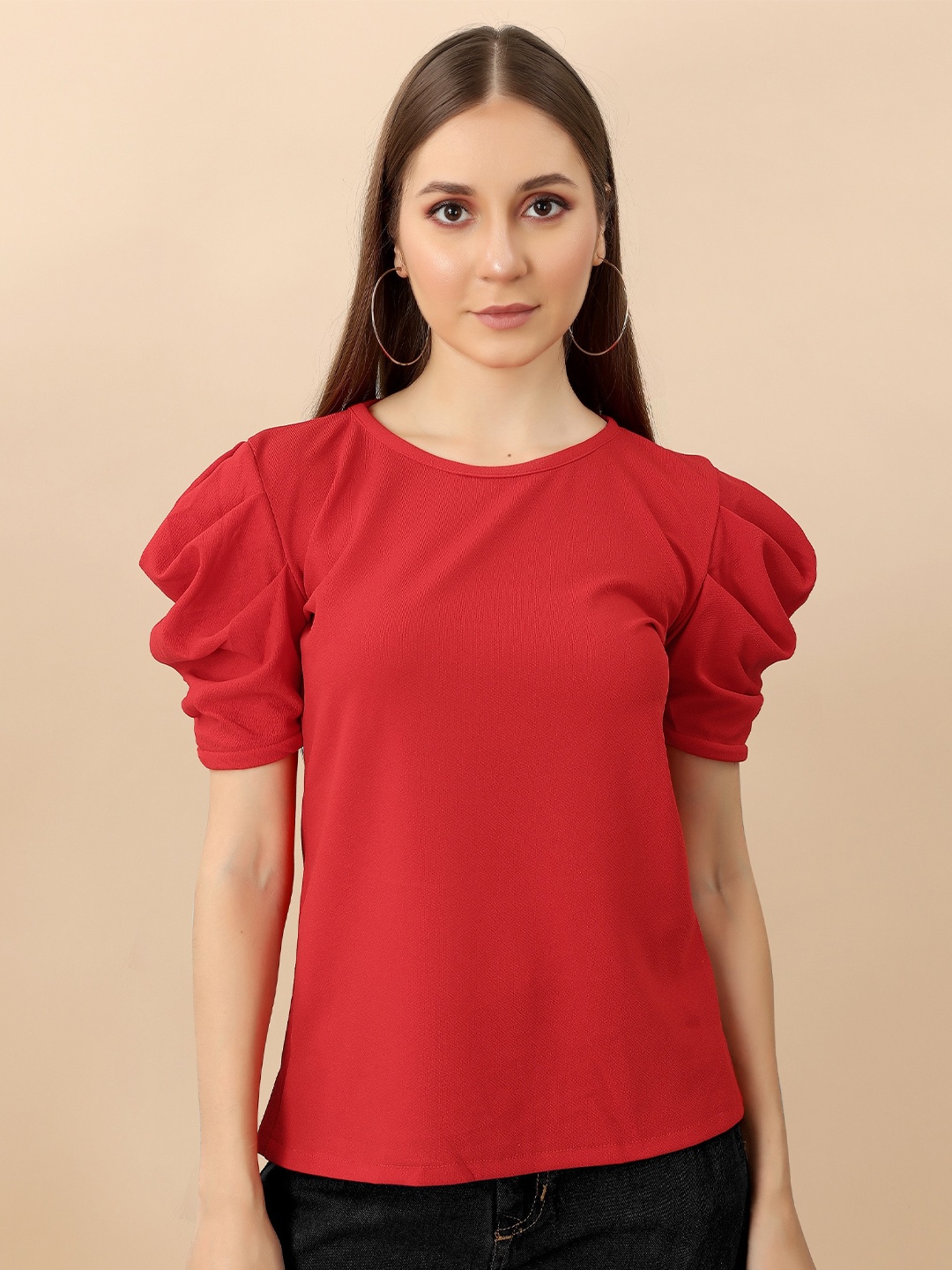 

Fashion FRICKS Puff Sleeve Round Neck Top, Red