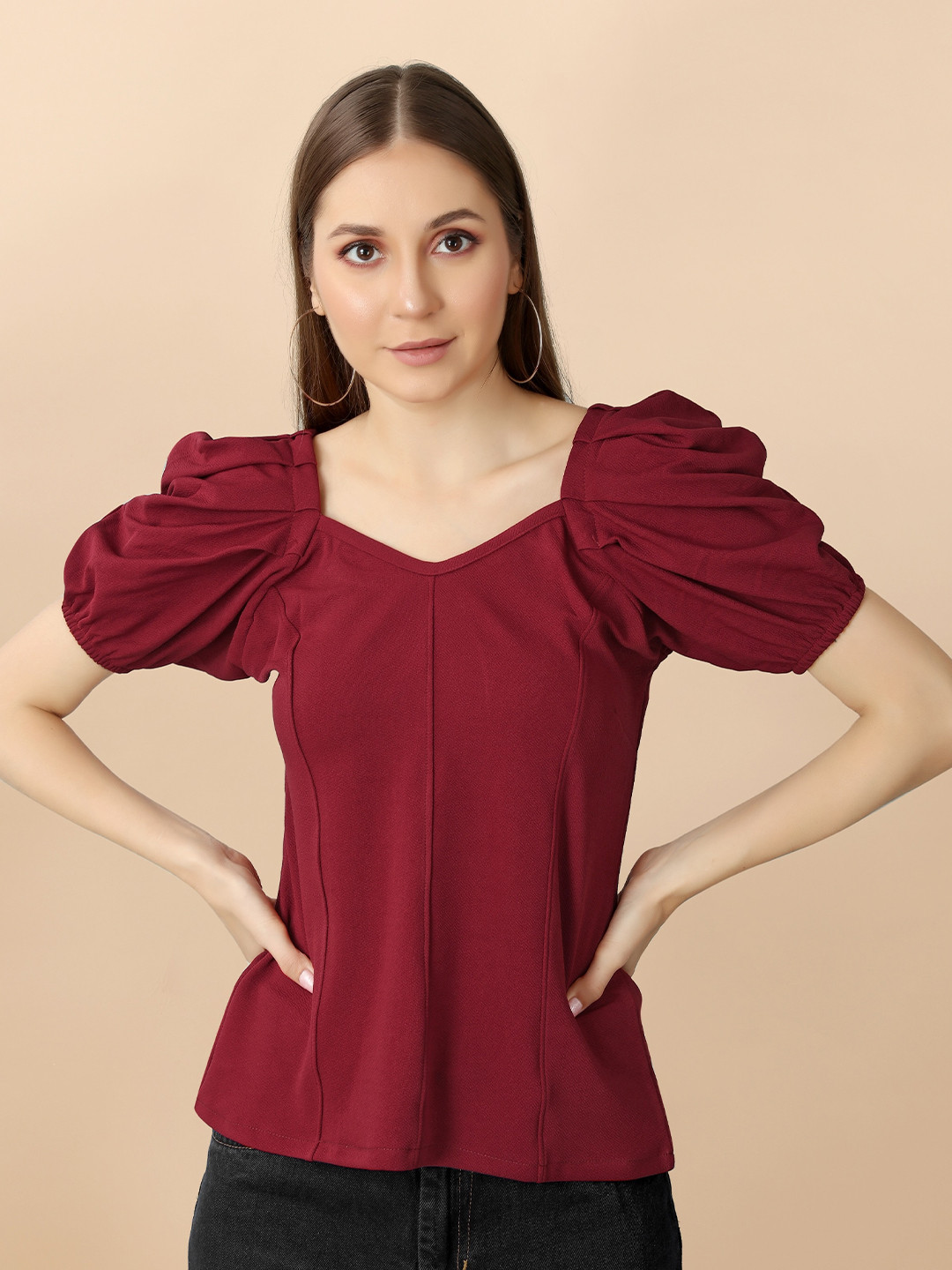 

Fashion FRICKS Sweetheart Neck Short Puff Sleeves Top, Maroon