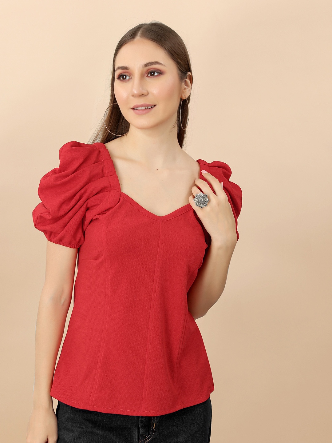 

Fashion FRICKS Sweetheart Neck Short Puff Sleeves Top, Red