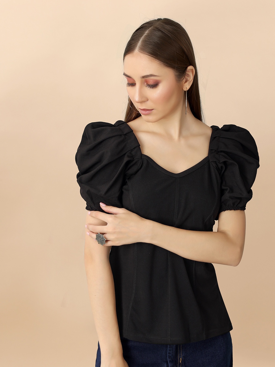 

Fashion FRICKS Sweetheart Neck Short Puff Sleeves Top, Black