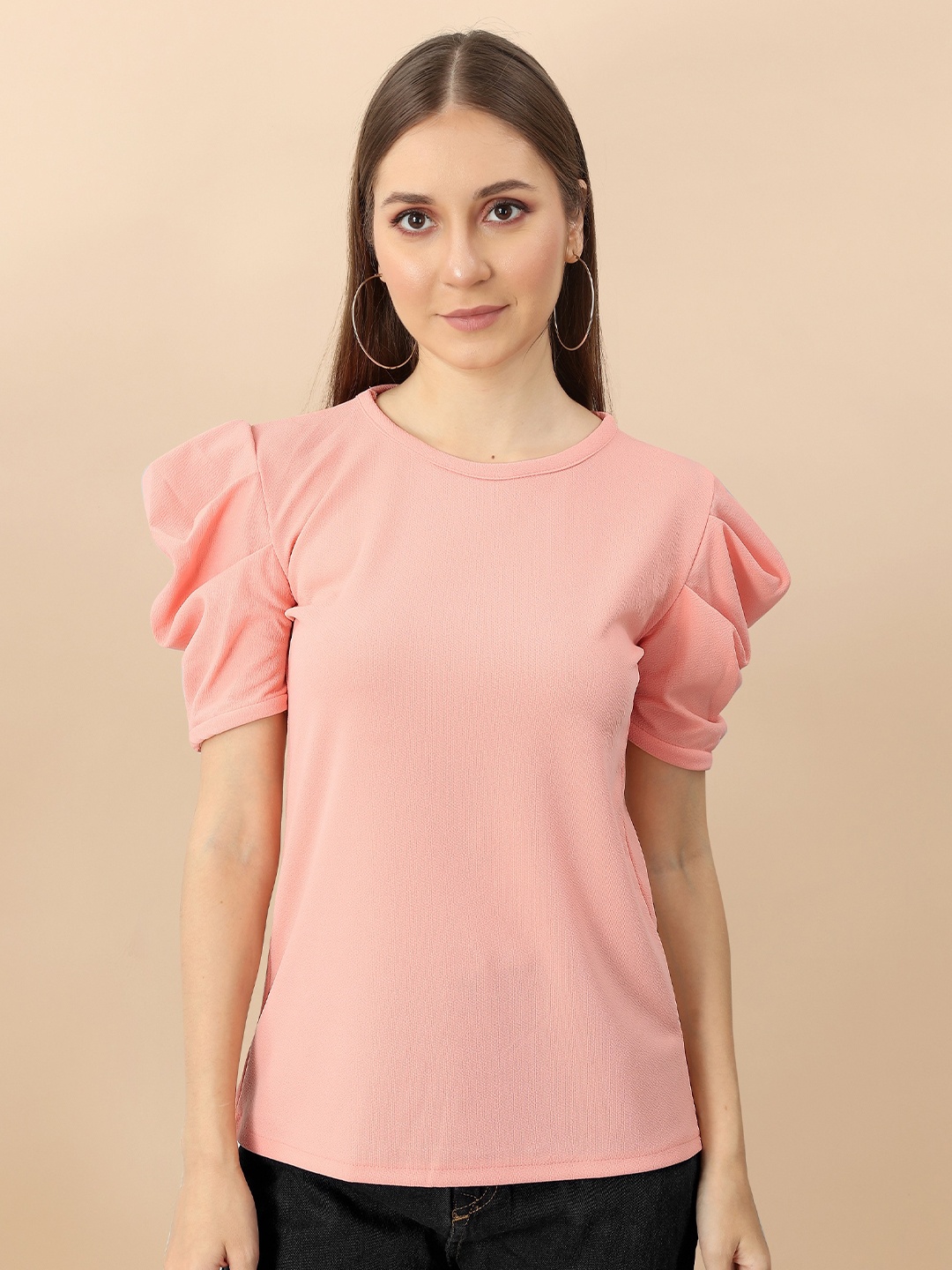 

Fashion FRICKS Round Neck Short Puff Sleeves Top, Peach