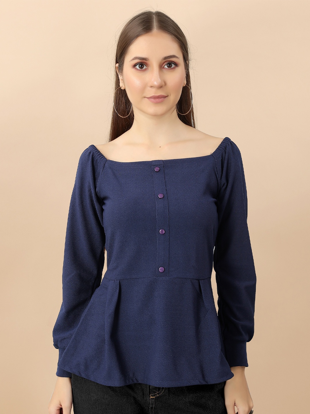 

Fashion FRICKS Boat Neck Puff Sleeves Peplum Top, Navy blue
