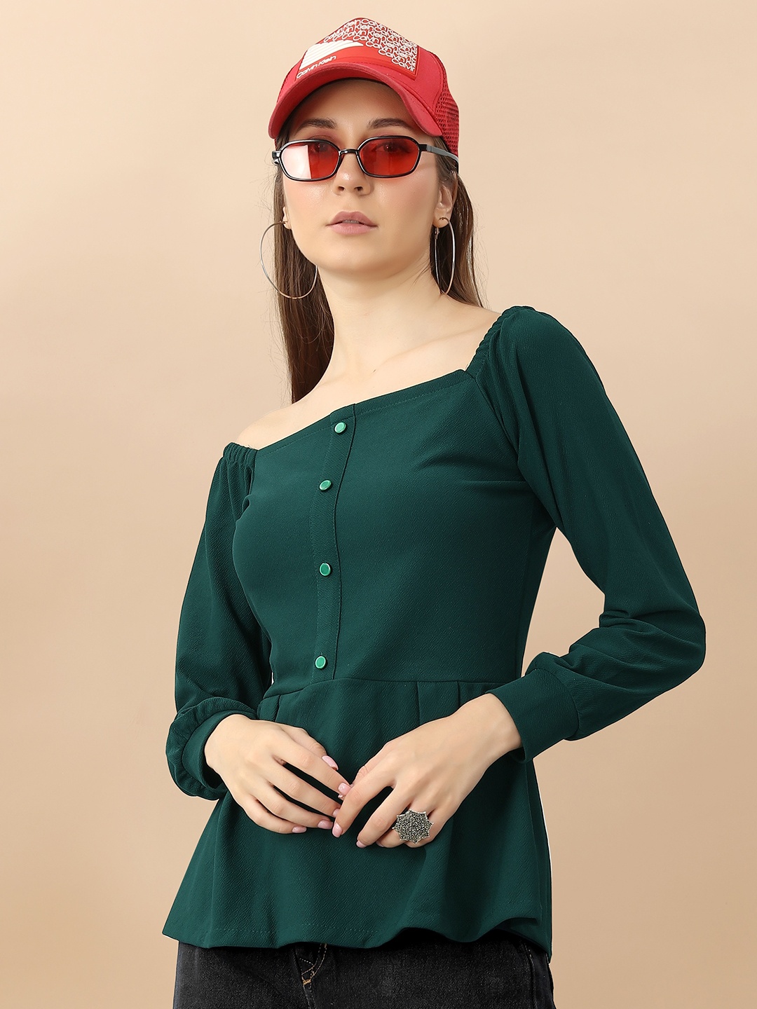 

Fashion FRICKS Square Neck Puff Sleeves Peplum Top, Green