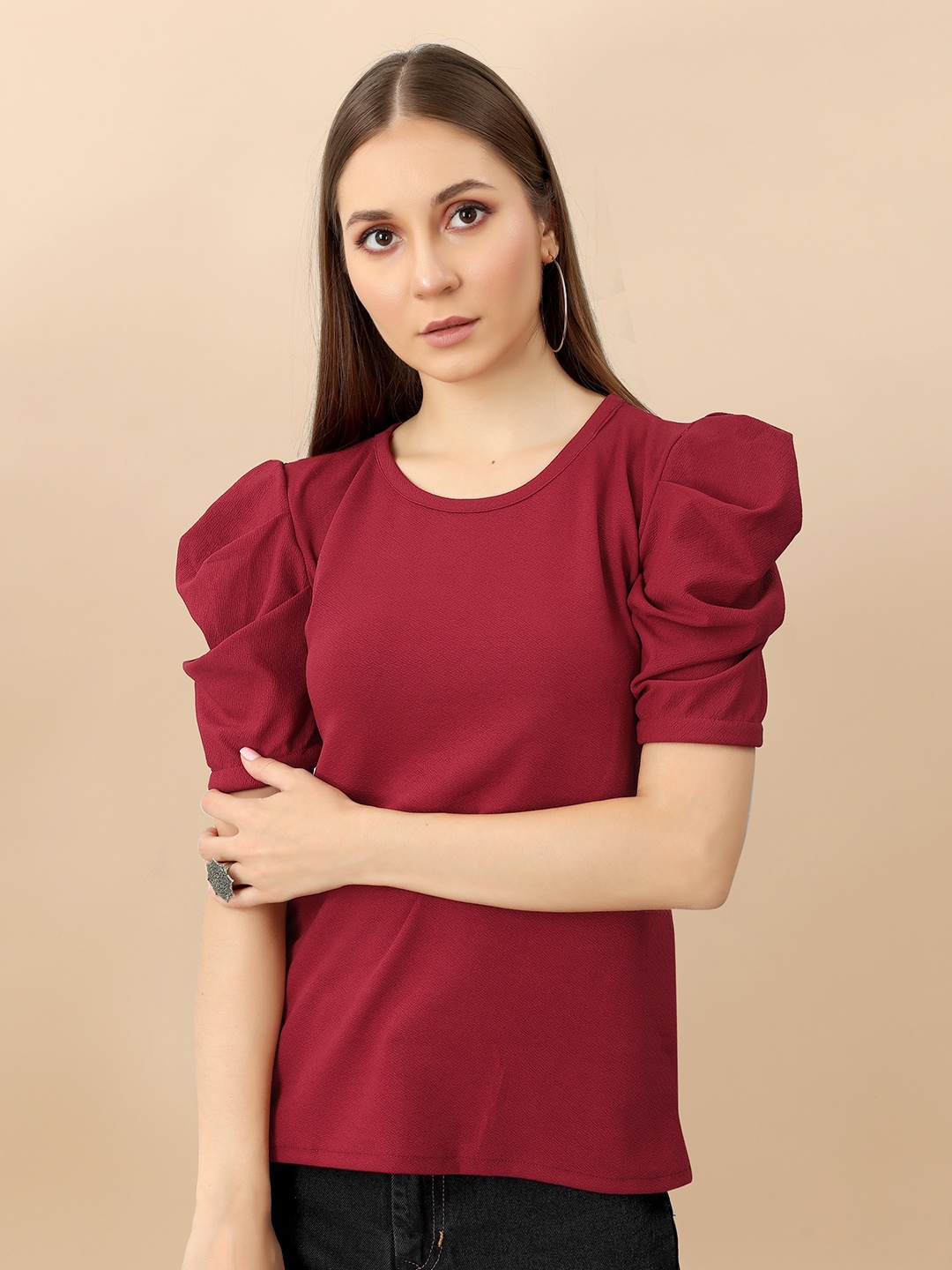 

Fashion FRICKS Puff Sleeve Round Neck Top, Maroon