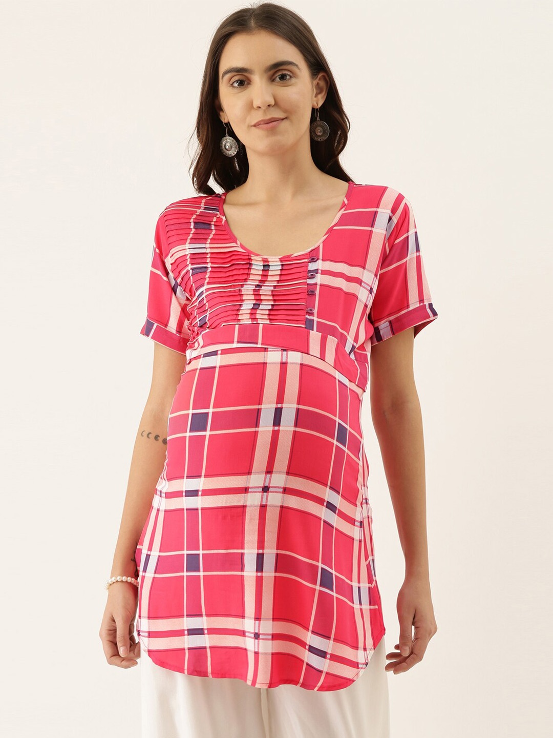 

GOLDSTROMS Checked Round Neck Maternity Tunic, Pink