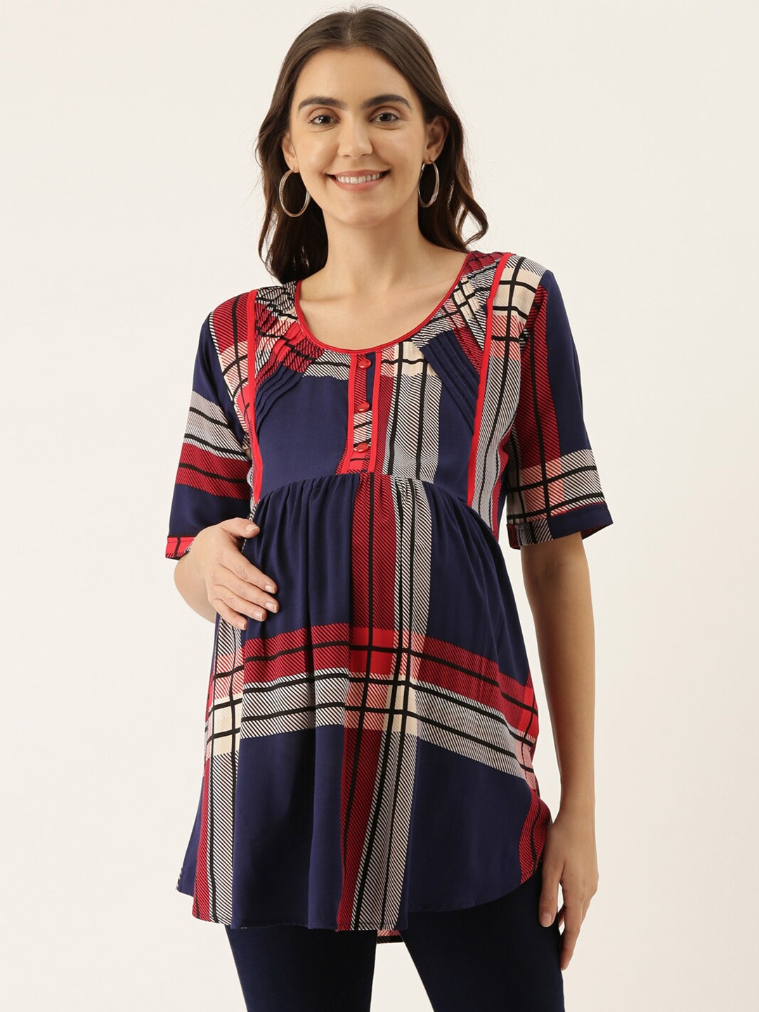 

GOLDSTROMS Checked Scoop Neck Maternity Tunic, Navy blue