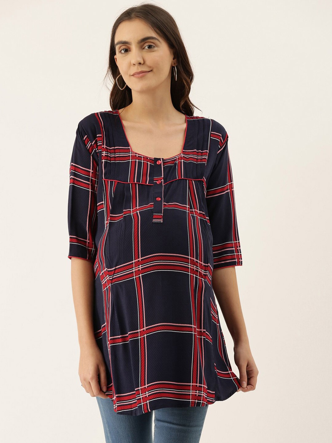 

GOLDSTROMS Checked Square Neck Maternity Tunic, Navy blue
