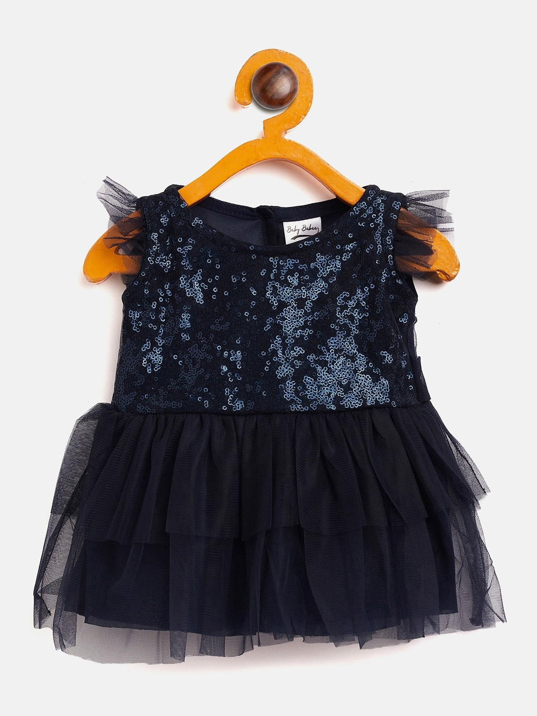 

Camey Infant Girls Embellished Flutter Sleeves Sequined Fit & Flare Dress, Navy blue