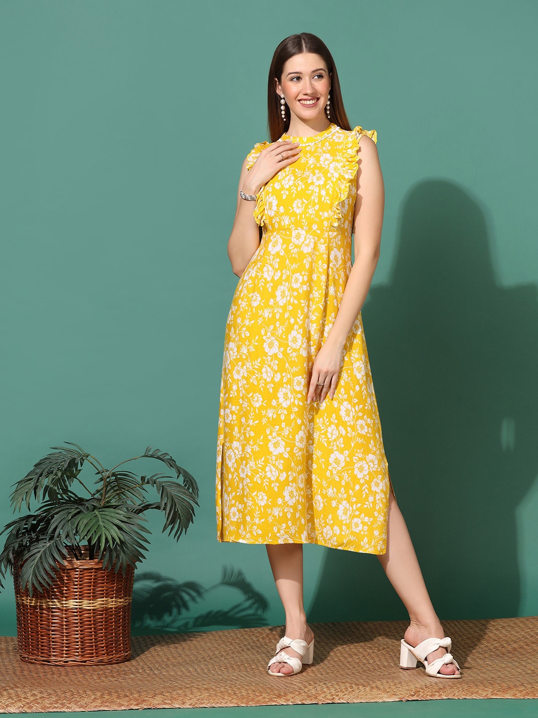 

FASHION DREAM Floral Print A-Line Midi Dress, Yellow