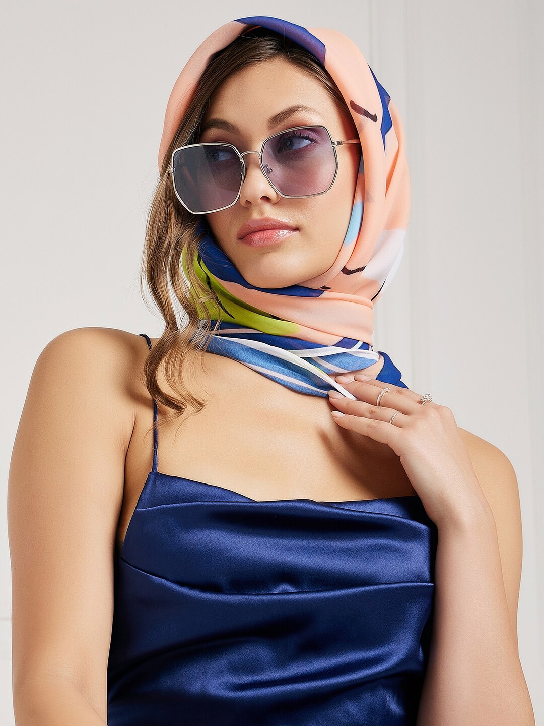 

Athena Women Peach-Coloured & Blue Printed Scarf