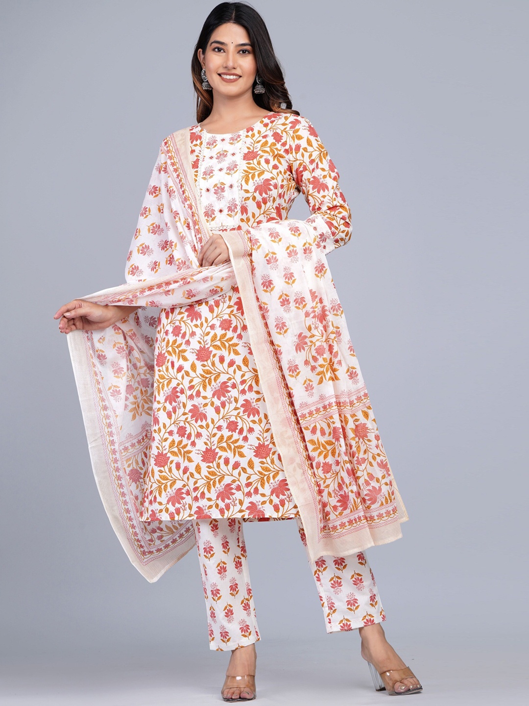 

KALINI Ethnic Motifs Printed Pure Cotton Kurta With Trousers & Dupatta, Pink